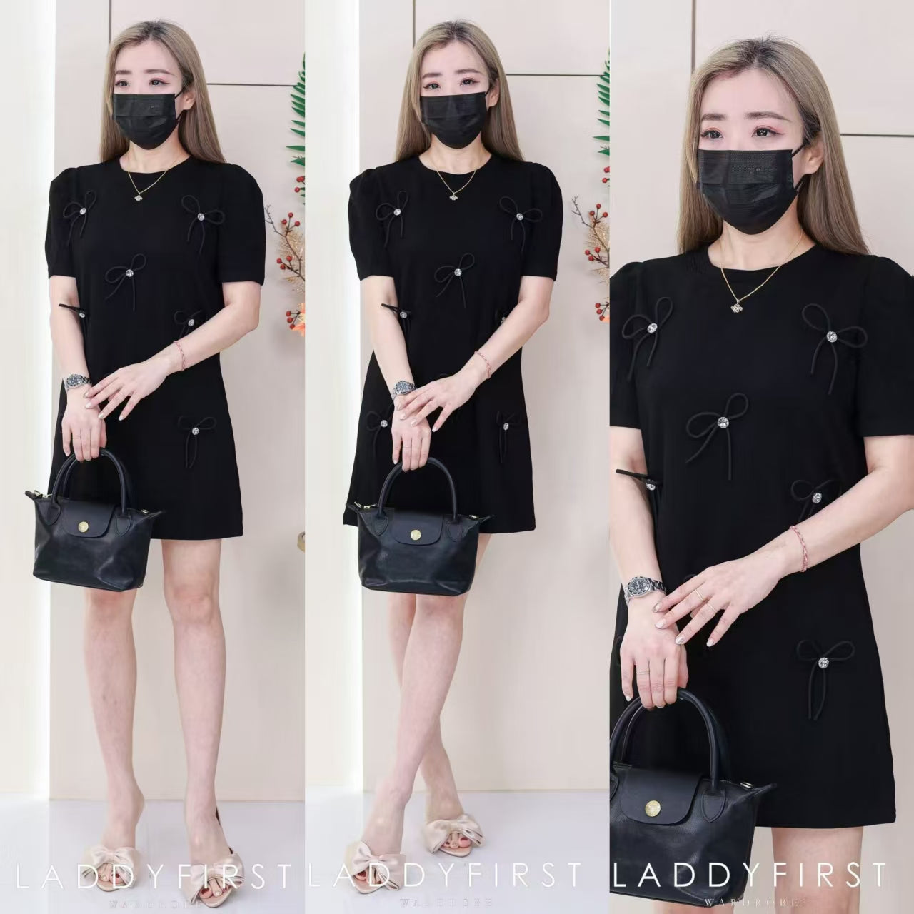 【D6660】🌟现货🌟 高品质水钻蝴蝶结泡泡袖短袖连衣裙 ❤️【A-R1-C5】