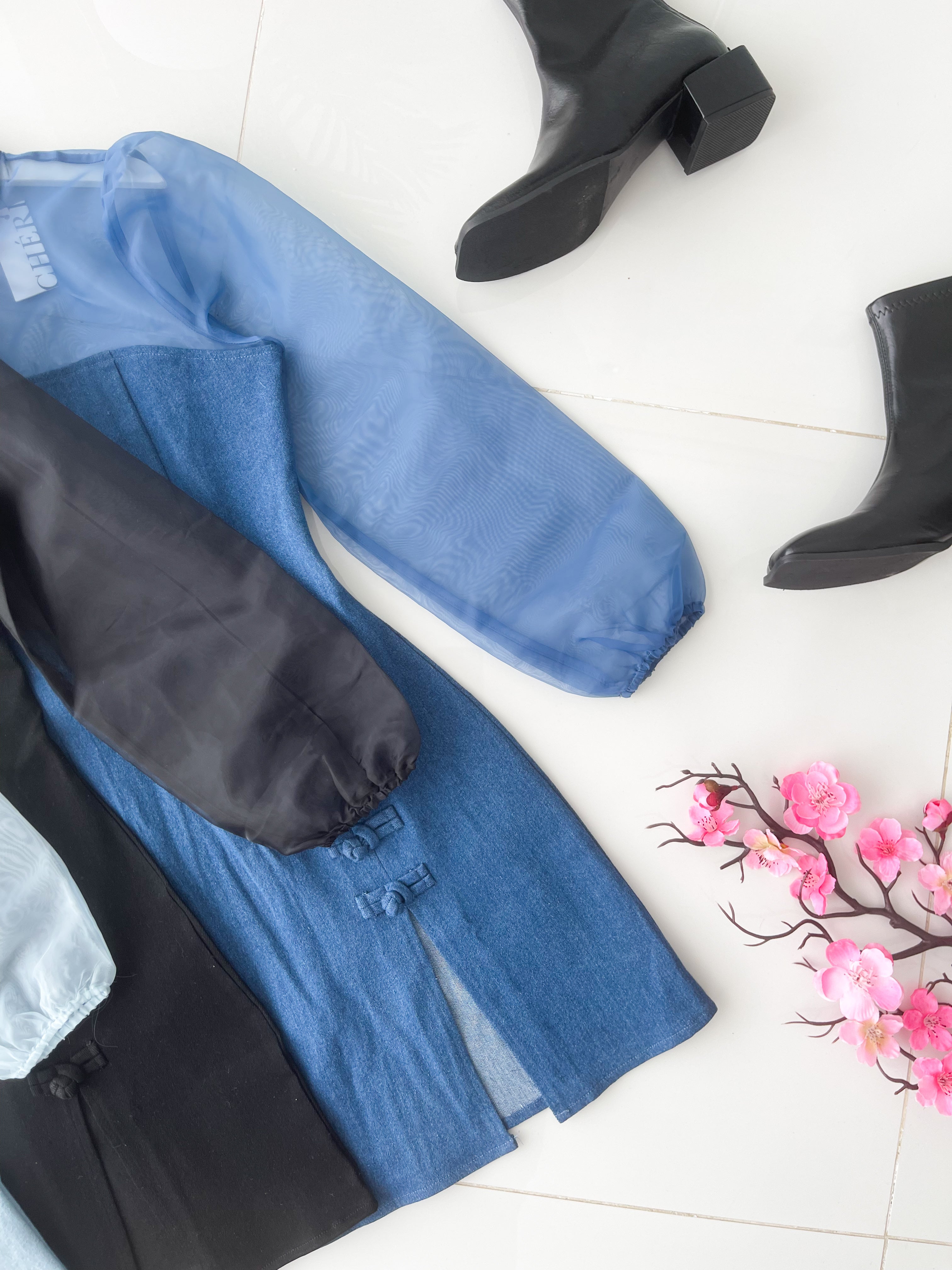 【D2640】高品质优雅气质透视网纱拼接牛仔旗袍连身裙子 ❤❤【B-R2-C4】