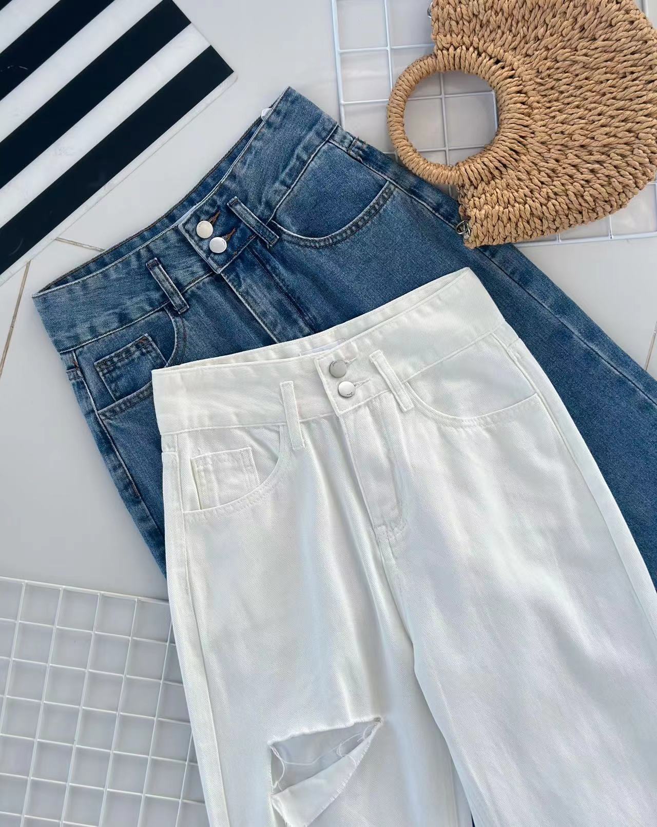 【L61183】高品质气质牛仔高腰阔脚休闲百搭长裤，有口袋 ❤️❤️