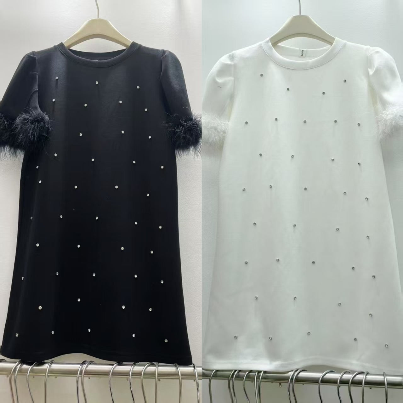 【DG8907】🇨🇳 代购1.0 🇨🇳 高品质镶钻袖子毛毛宽松连身裙子 ❤️❤️
