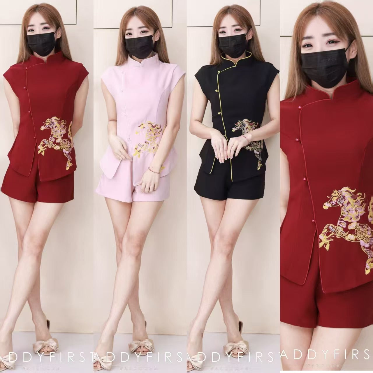 【SS55351-1】⚡补货预订款⚡高品质两件式复古国风新中式旗袍套装 立领旗袍上衣➕西装高腰百搭短裤，有口袋 ❤️❤️