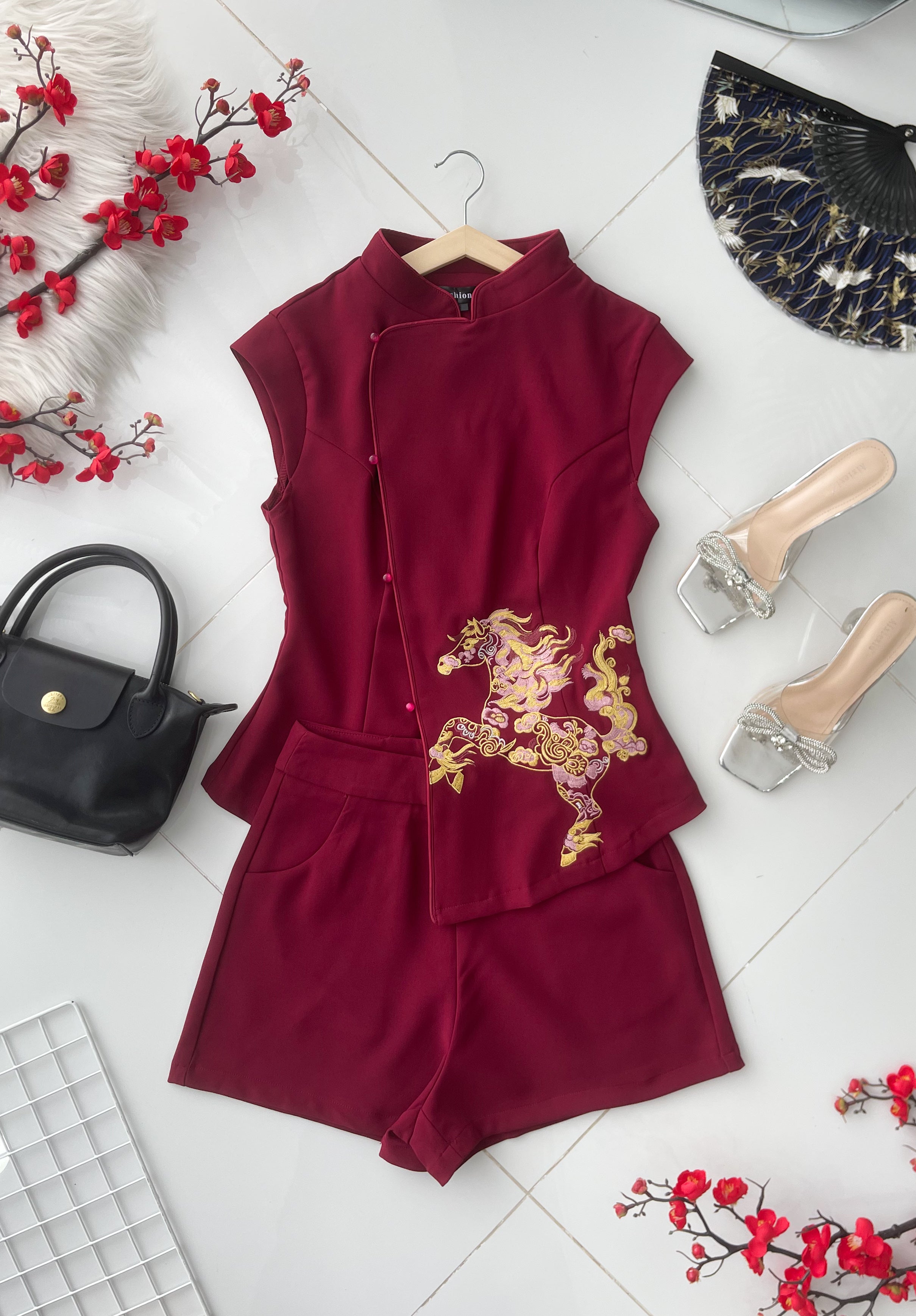 【SS55351-1】⚡补货预订款⚡高品质两件式复古国风新中式旗袍套装 立领旗袍上衣➕西装高腰百搭短裤，有口袋 ❤️❤️