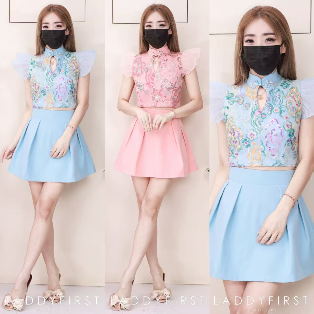 【SS8238811】高品质两件式重工新中式气质旗袍套装 锦棉拼接亮片旗袍上衣➕西装高腰百搭裙子，内层有里布短裤 ❤️❤️【A-R1-C5】