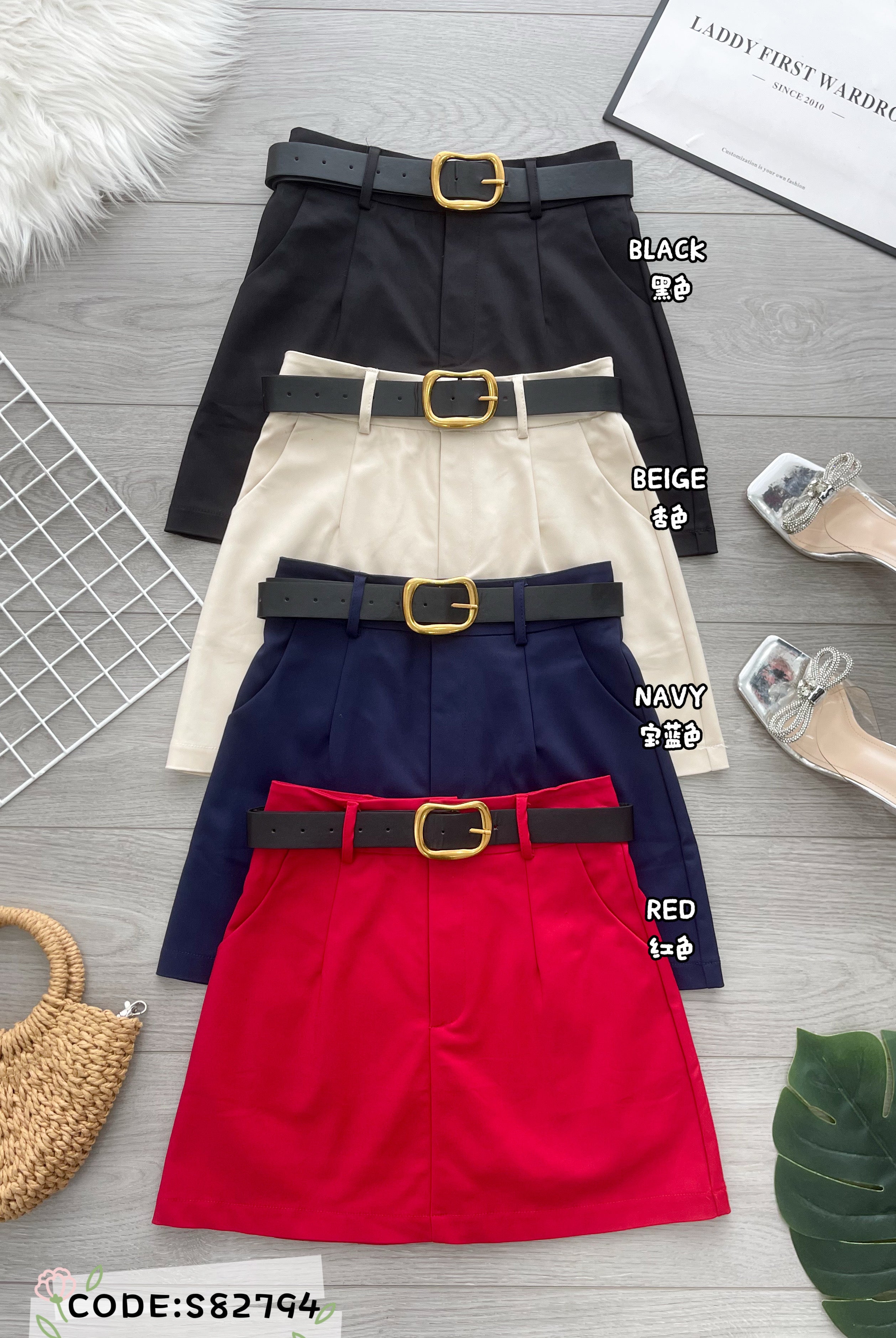 【S82794】高品质显腰显瘦简约西装A字高腰百搭裙子，内层有里布短裤，配送腰带有口袋 ❤️❤️