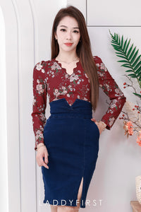 【D210180】【网站福利款✨】独家新品缎面碎花长袖上衣拼接牛仔开叉连身裙子，有口袋【C-R2-C1】