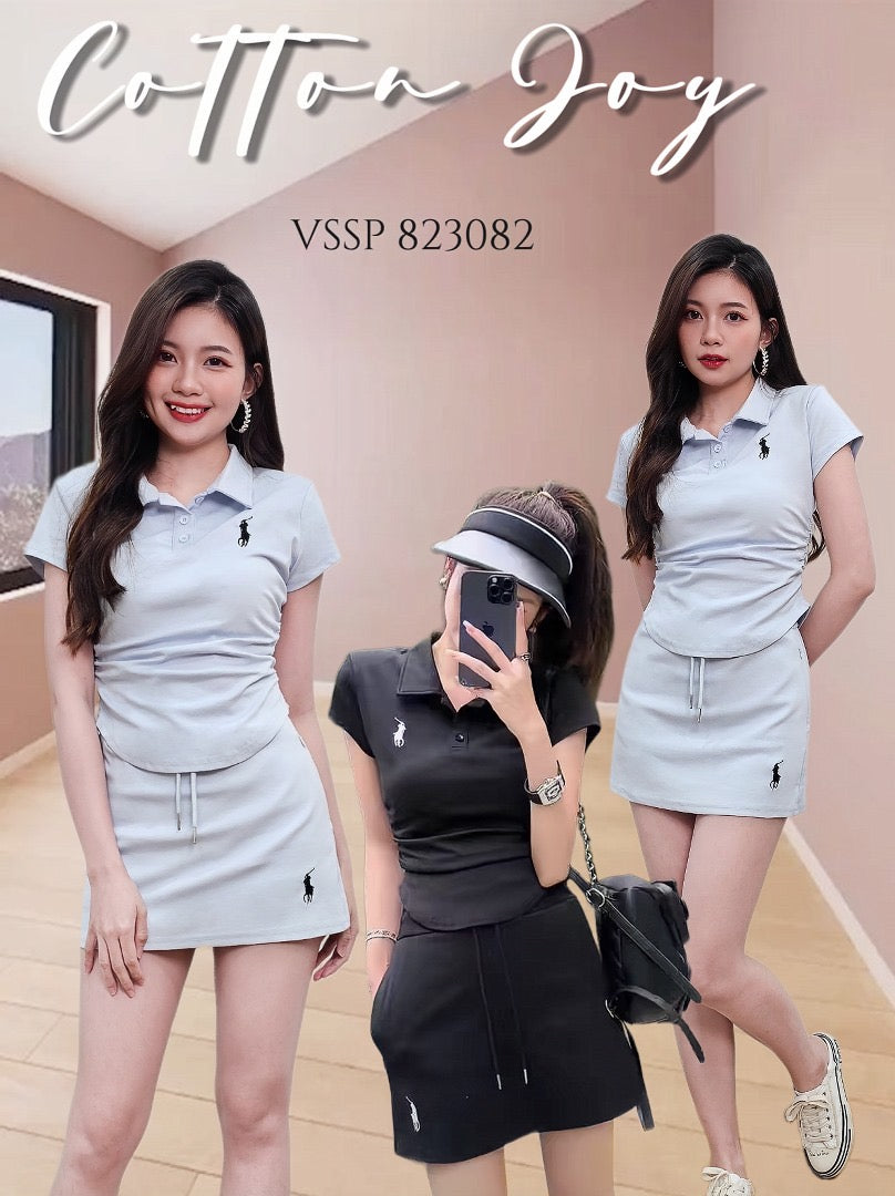 【SS823082】高品质两件式纯棉弹力简约休闲运动套装 Polo刺绣图翻领短袖修身设计上衣➕松紧腰弹力休闲百搭短裙，内层有里布短裤，拉链口袋设计 ❤️❤️