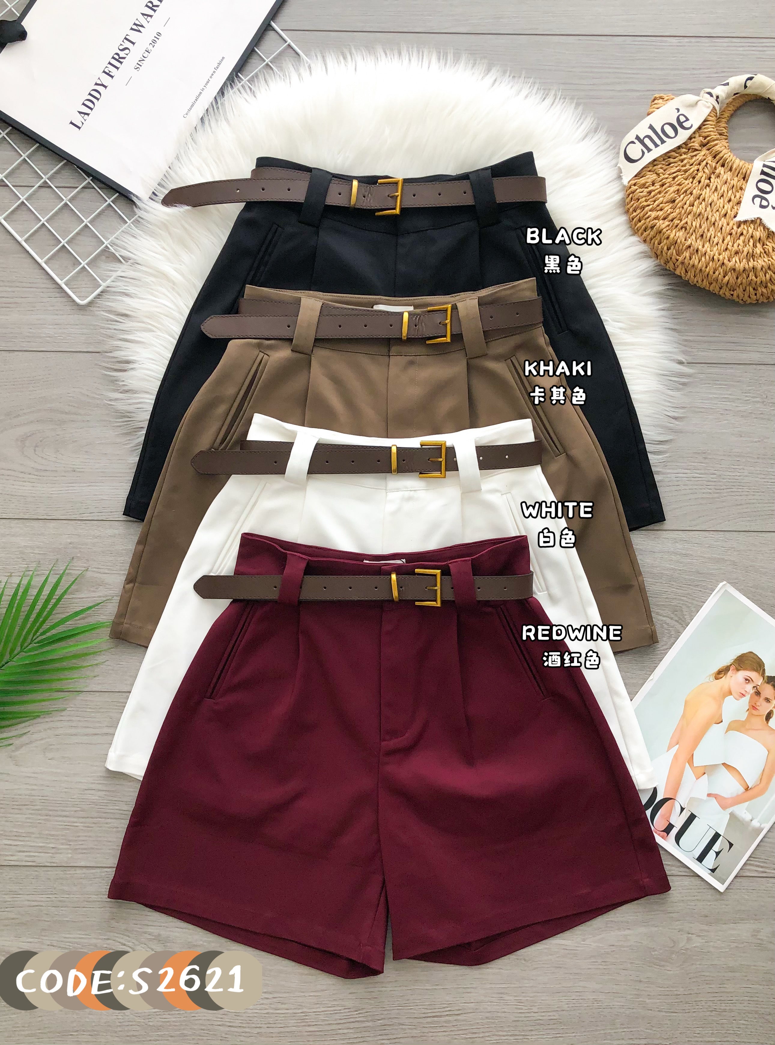 【S2621-1】⚡补货预订款⚡高品质韩系复古风西装四分高腰百搭短裤，搭配配送腰带，有口袋 ❤️❤️