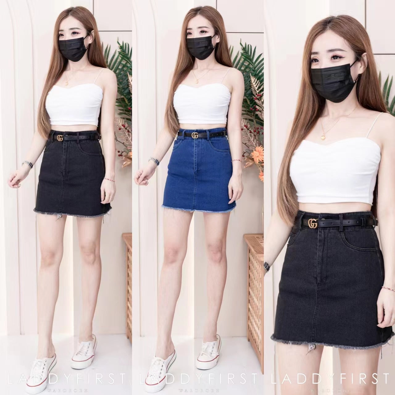 【S23179】流苏A字设计韩版复古百搭牛仔裙子高腰裙子，内层有里布短裤，有口袋