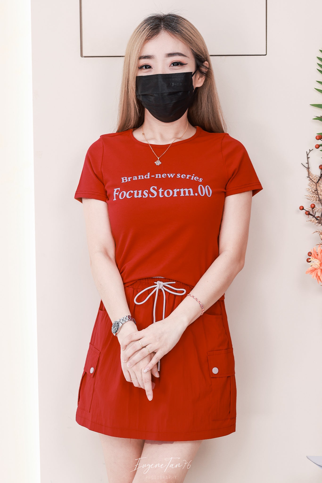 【SS1777】高品质两件式韩风休闲时尚套装 纯棉弹力圆领短袖百搭上衣➕松紧高腰百搭裙子，内层有里布短裤有口袋 ❤️❤️