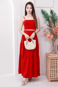 【SS32189】LFW独家爆款两件式仙气温柔风雪纺套装 自调无袖肩带抹胸上衣，后副伸缩弹力➕高腰显瘦大摆蛋糕长裙，内层有里布 ❤️❤️ 【B-R1-C3】