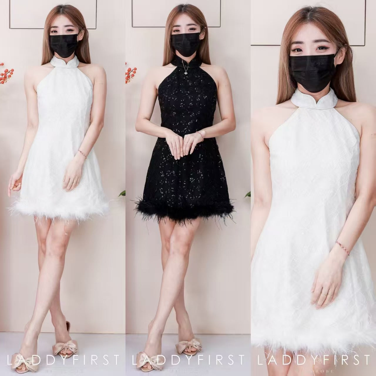 【D25251】高品质高端贵气亮片拼接下摆毛毛CUT IN连身裙子 ❤❤