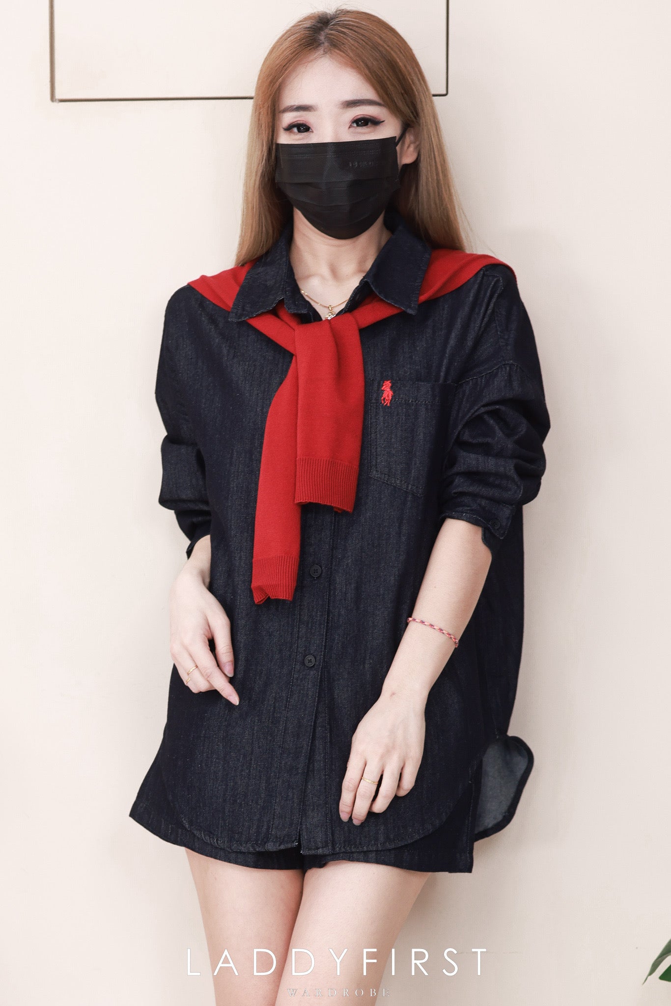 【SS8620】高品质两件式韩式牛仔简约休闲百搭套装 翻领长袖牛仔上衣➕松紧腰弹力牛仔短裤，有口袋 ❤️❤️