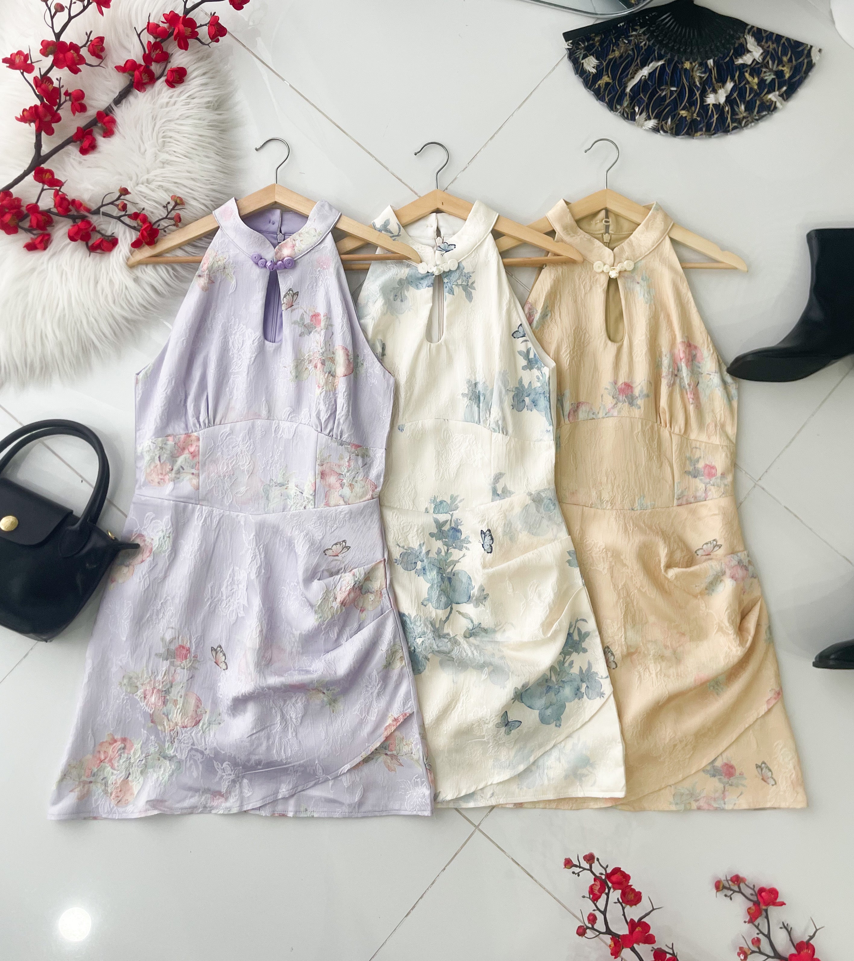 【D8239201】高品质收腰显腰型CUT IN 无袖旗袍提花连身裙子 ❤❤【A-RU】