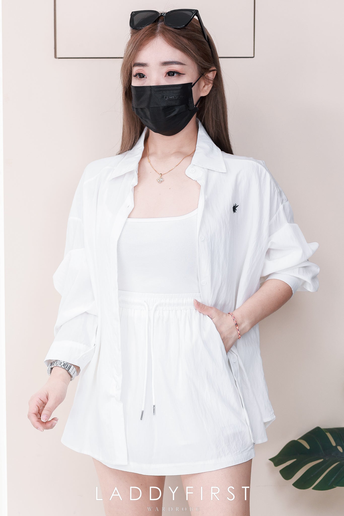 【SS5913-1】⚡补货预定款⚡高品质韩式简约衬衫时尚套装 宽松大版翻领长袖上衣➕松紧腰弹力高腰百搭裙子，内层有里布短裤，有口袋❤️❤️