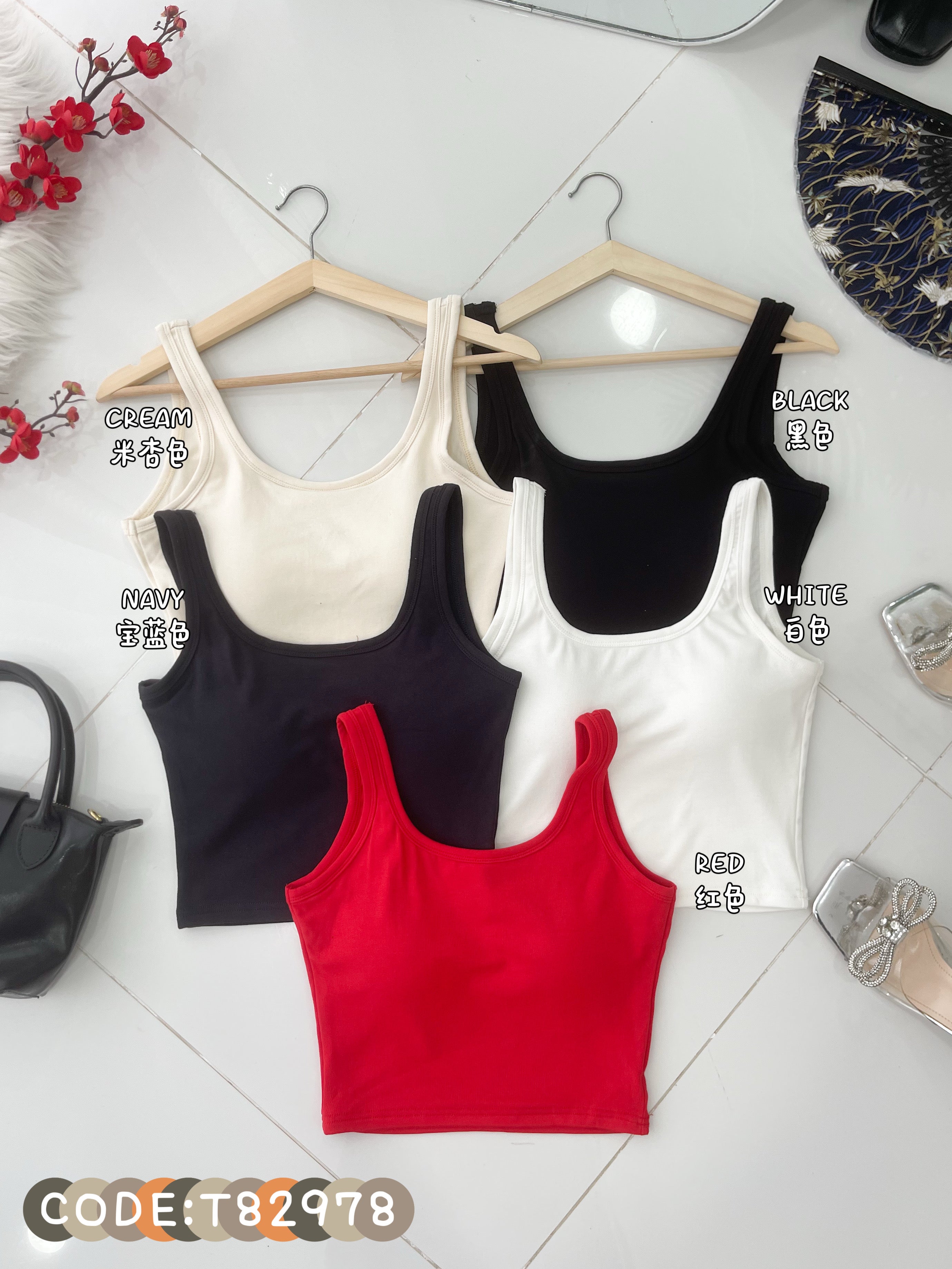 【T82978】高品质带胸垫纯棉弹力短版百搭背心上衣 ❤❤