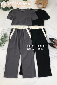 【SS1556】高品质纯棉弹力休闲简约百搭套装 抽绳收腰圆领短袖宽松休闲上衣➕松紧腰弹力阔脚长裤，有口袋 ❤️❤️【A-R2-C3】