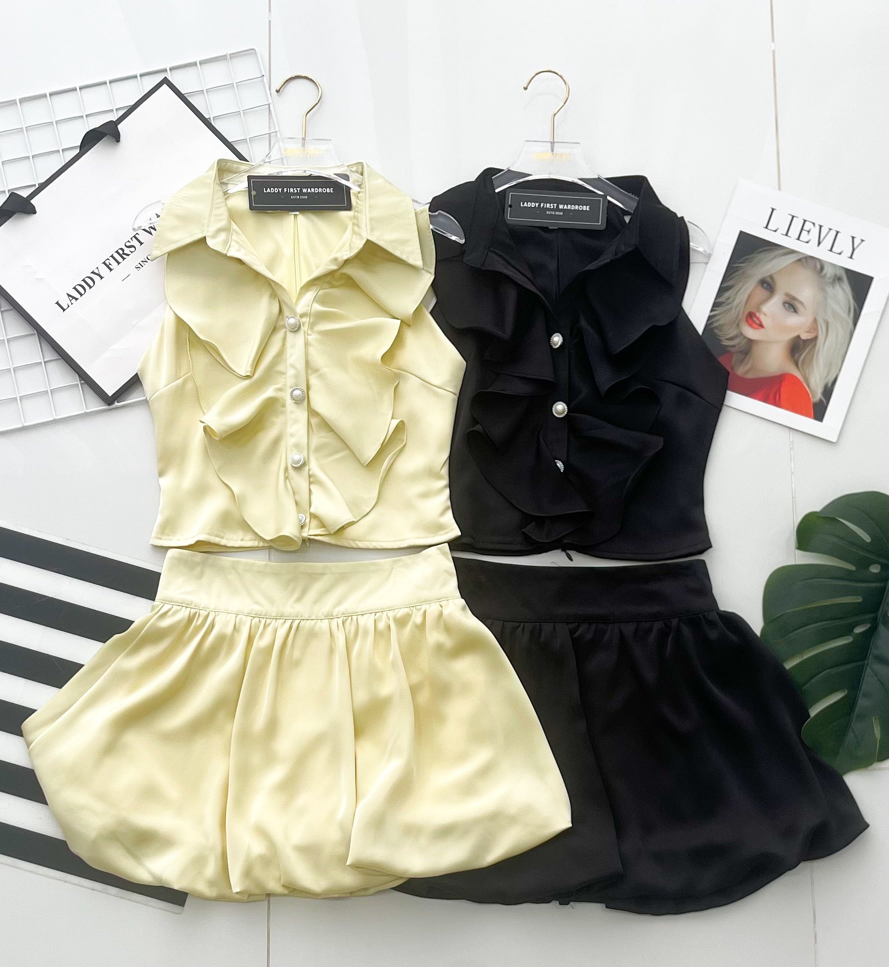 【SS2753】高品质两件式名媛风气质减龄套装 荷叶边CUT in上衣➕花苞高腰裙子，内层有里布短裤 ❤️❤️