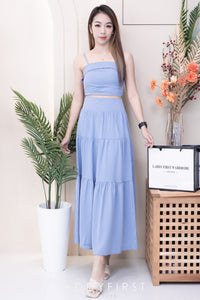 【SS32189】LFW独家爆款两件式仙气温柔风雪纺套装 自调无袖肩带抹胸上衣，后副伸缩弹力➕高腰显瘦大摆蛋糕长裙，内层有里布 ❤️❤️ 【B-R1-C3】