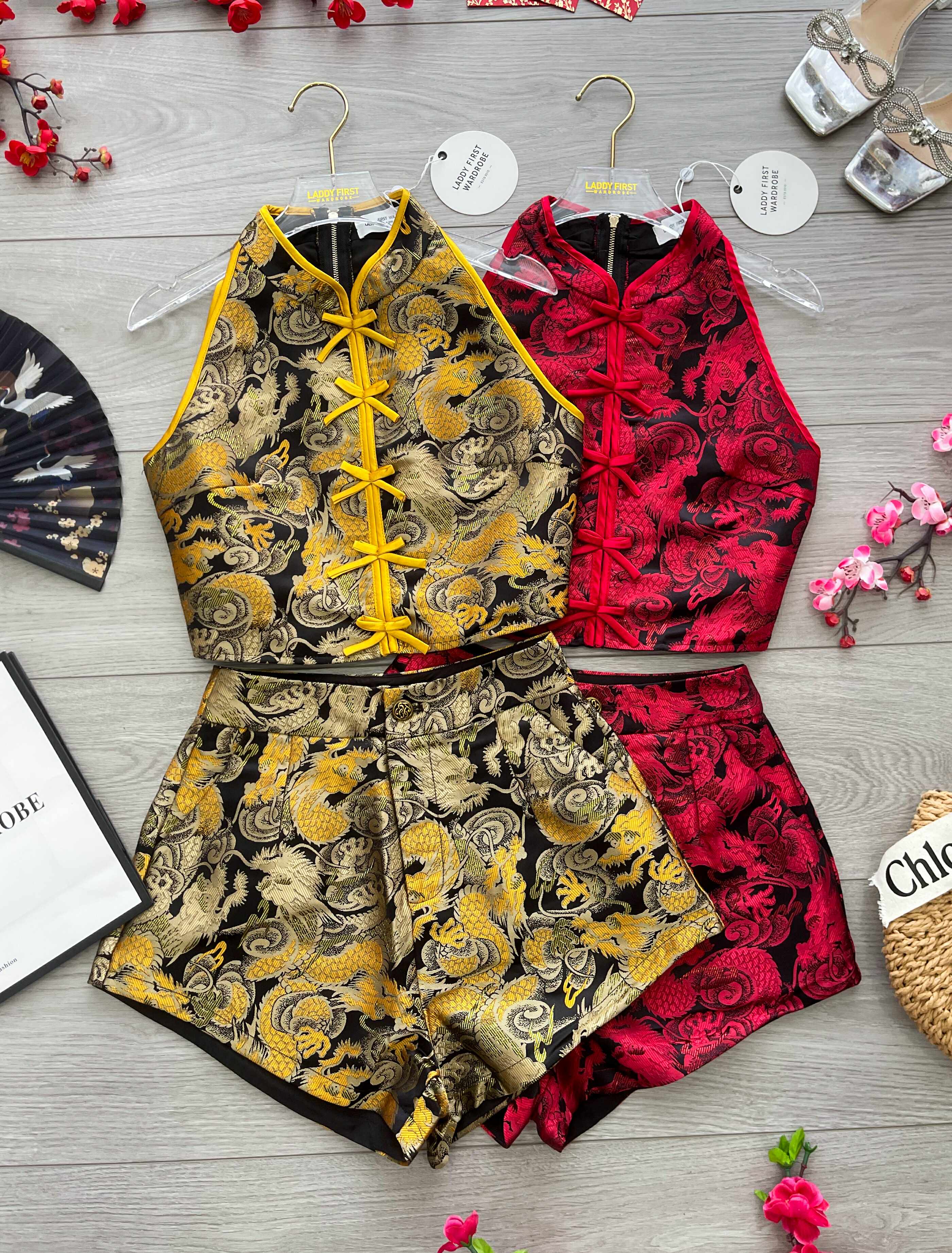 【SS3498】【LFW独家小圆饼】高品质两件式高档CUT IN气质龙纹提花旗袍套装 CUT IN蝴蝶结盘扣提花旗袍上衣➕提花高腰短裤，有口袋 ❤️❤️