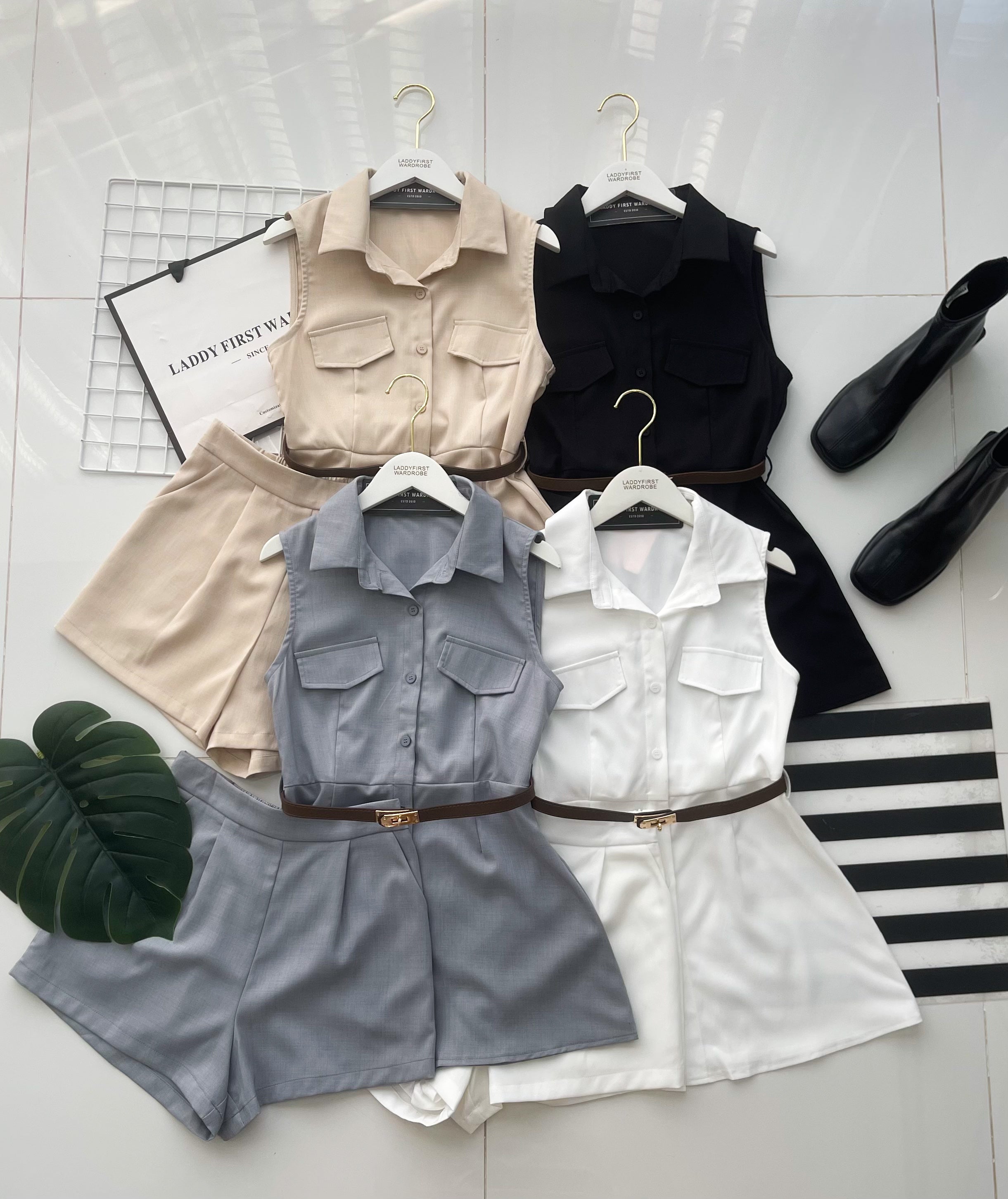 【SS21826 / 19849】高品质两件式韩系气质极简时尚套装 翻领衬衫裙上衣 ➕高腰百搭短裤，有口袋 ❤️❤️