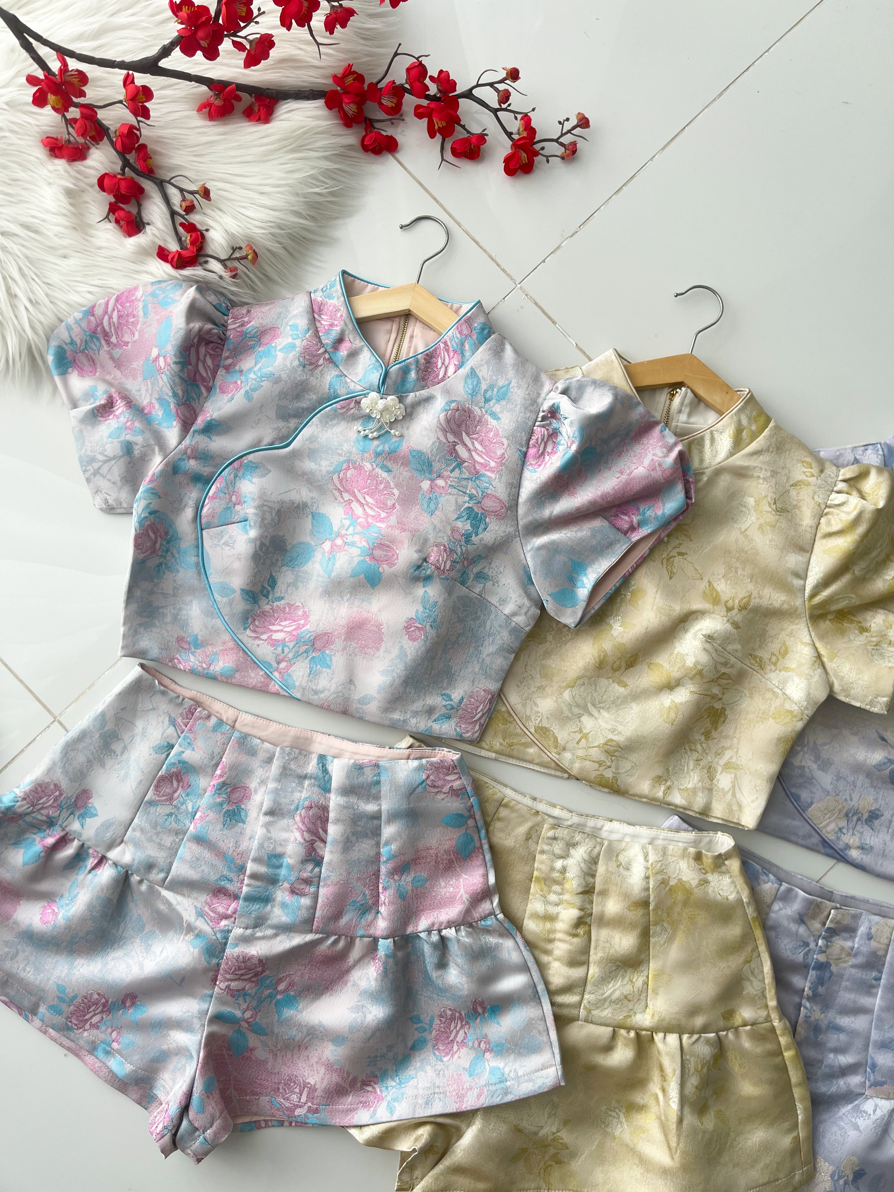 【SS98897】高品质两件式新中式提花旗袍套装 泡泡袖旗袍上衣➕提花高腰短裤 ❤️❤️