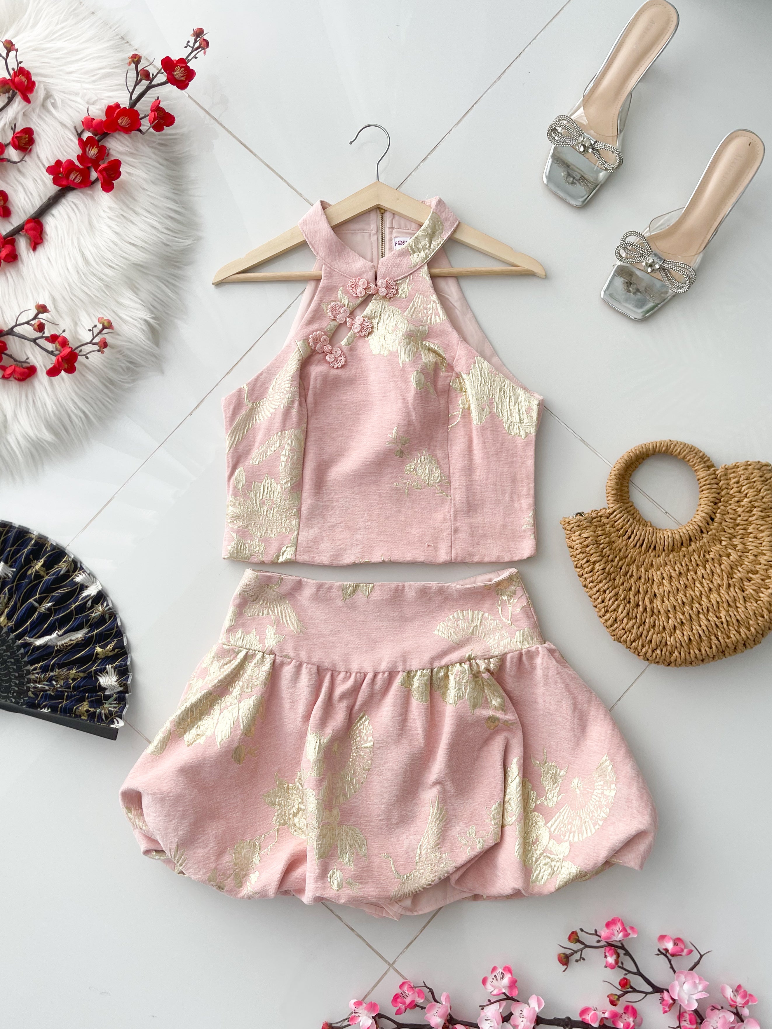 【SS21773 / 37629】高品质两件式高档气质CUT IN新中式提花旗袍套装 CUT IN提花旗袍上衣➕花苞高腰裙子，内层有里布短裤 ❤️❤️【A-R1-C2】