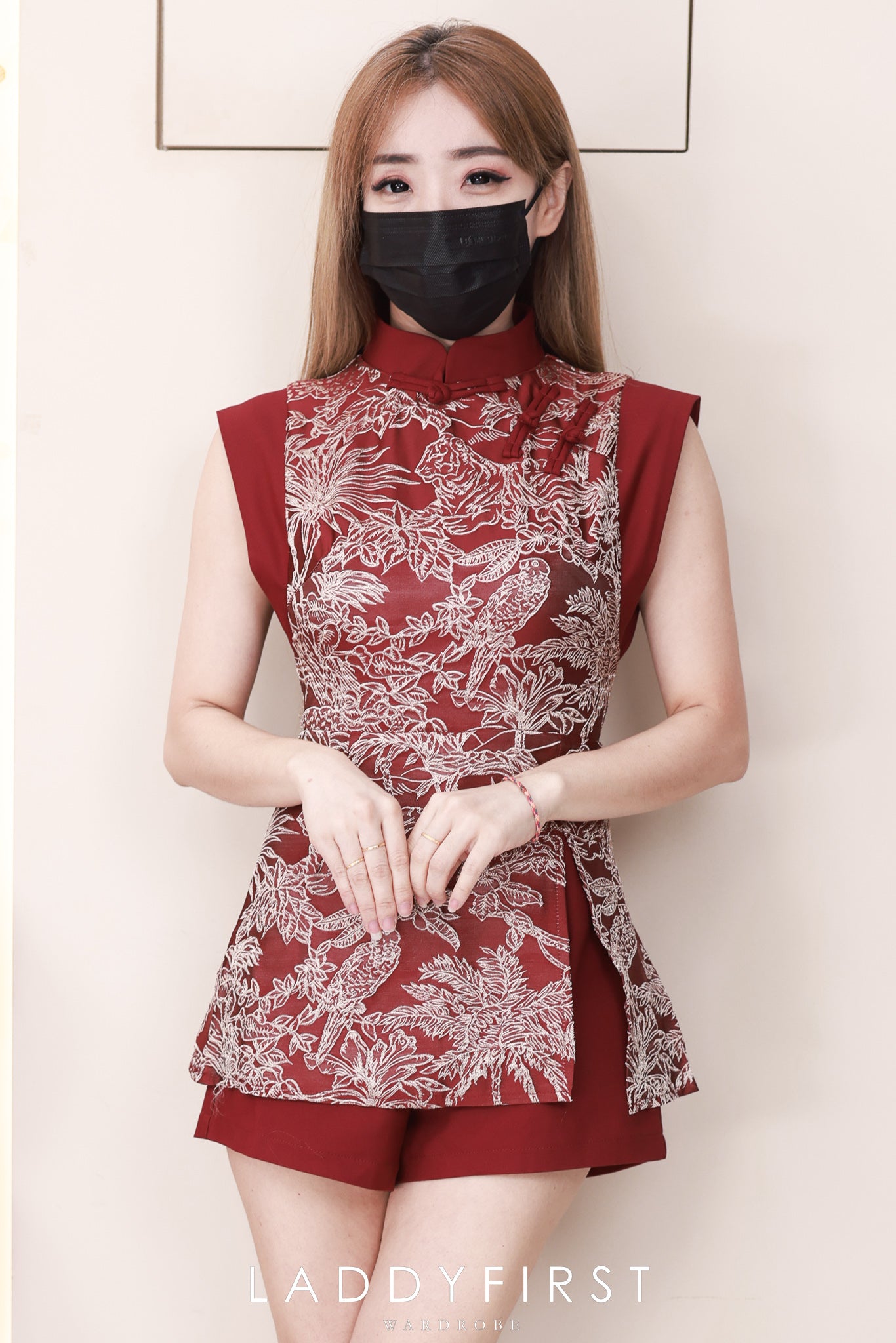 【D3505】【LFW独家小圆饼】高品质高档气质新中式国风西装拼接提花旗袍连身短裤，设计提花开叉裙子，内层西装连身短裤 ❤❤