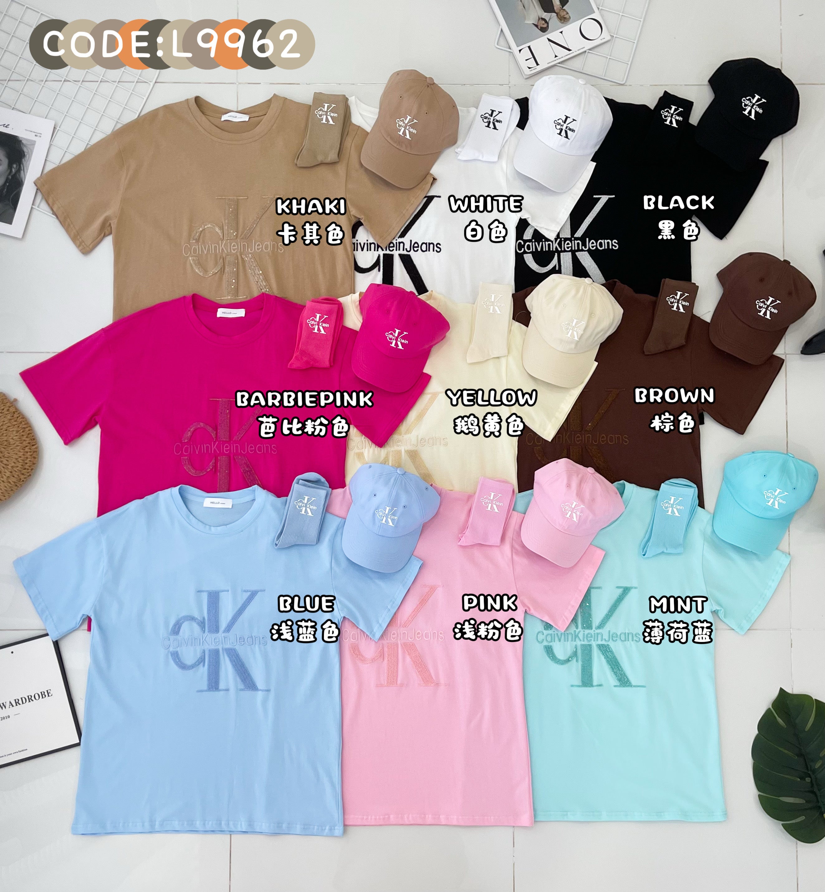 【O9962】高品质三件套男女同款圆领短袖Ck刺绣Oversized 休闲上衣➕帽子➕袜子 ❤❤