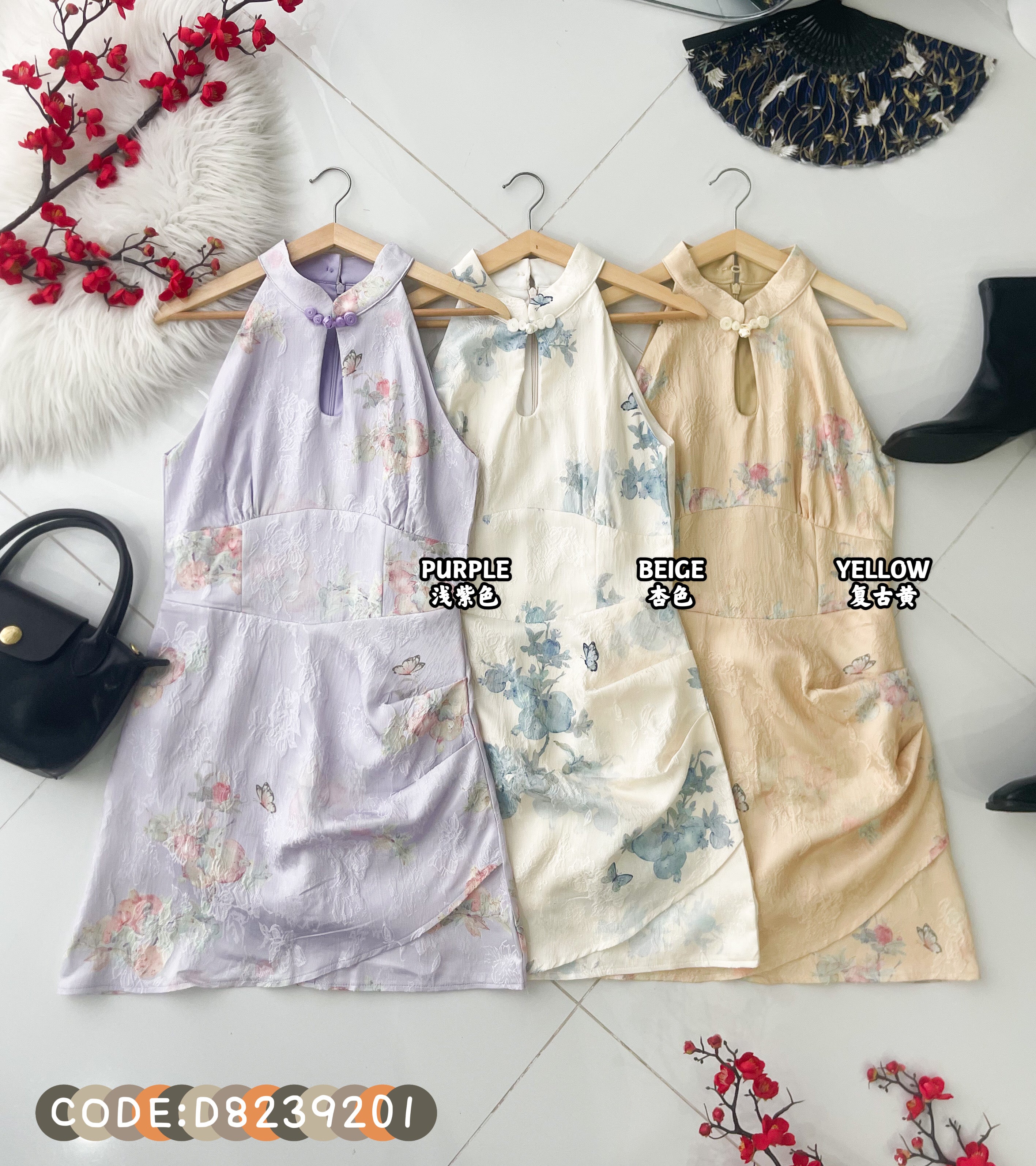 【D8239201】高品质收腰显腰型CUT IN 无袖旗袍提花连身裙子 ❤❤【A-RU】