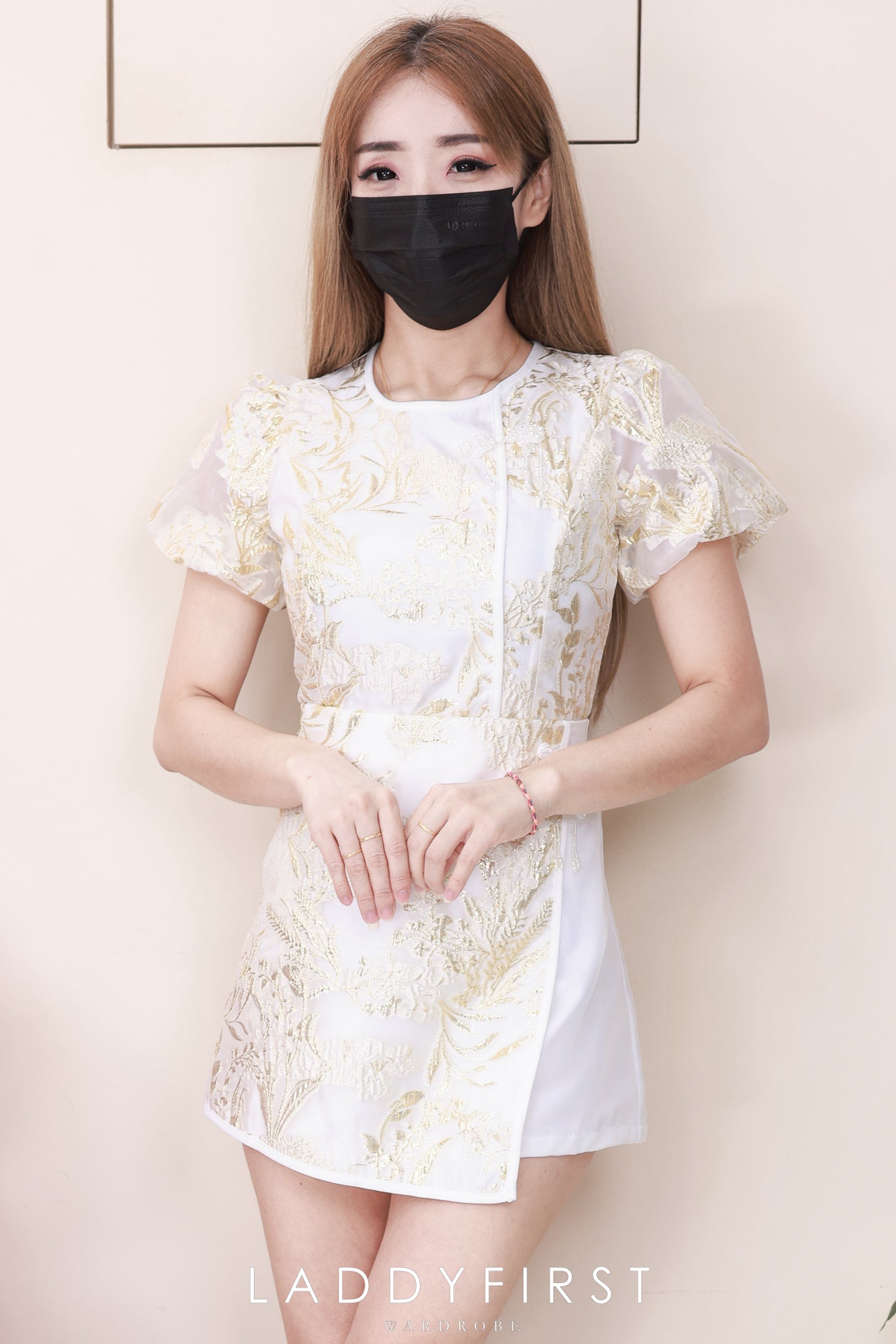 【SS2757】高品质两件式新中式提花旗袍套装 泡泡袖提花旗袍上衣➕提花拼接缎面高腰裤裙，有口袋 ❤️❤️