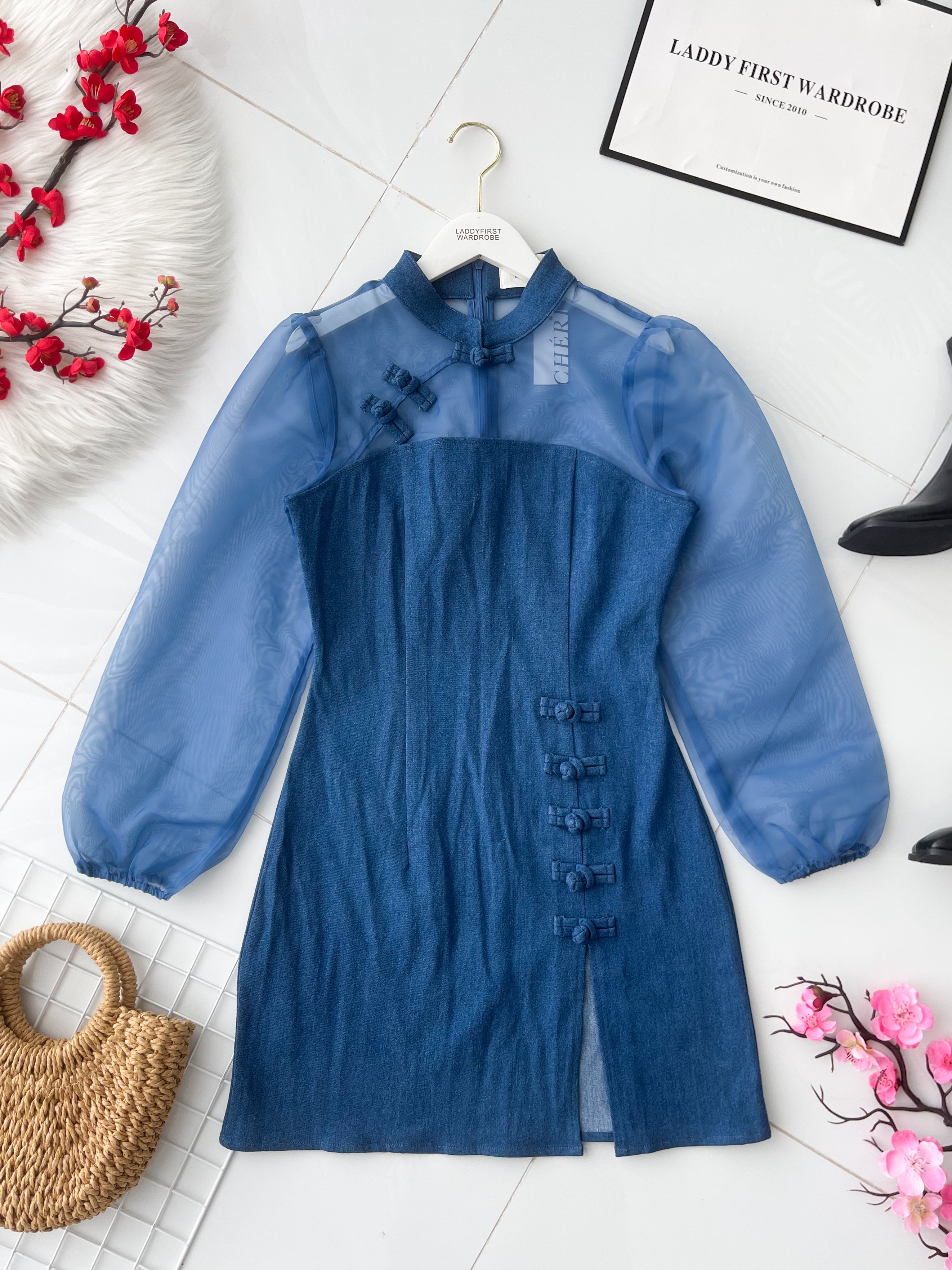 【D2640】高品质优雅气质透视网纱拼接牛仔旗袍连身裙子 ❤❤【B-R2-C4】