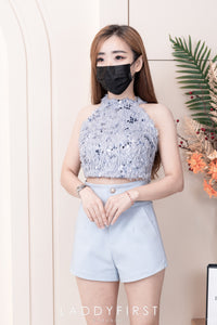 【SS3400】【独家小圆饼】两件式削肩套装 ,  鸵鸟毛拼接亮片Cut In上衣 ➕ 西装锦棉高腰显瘦短裤 , 有口袋【A-R2-C5】