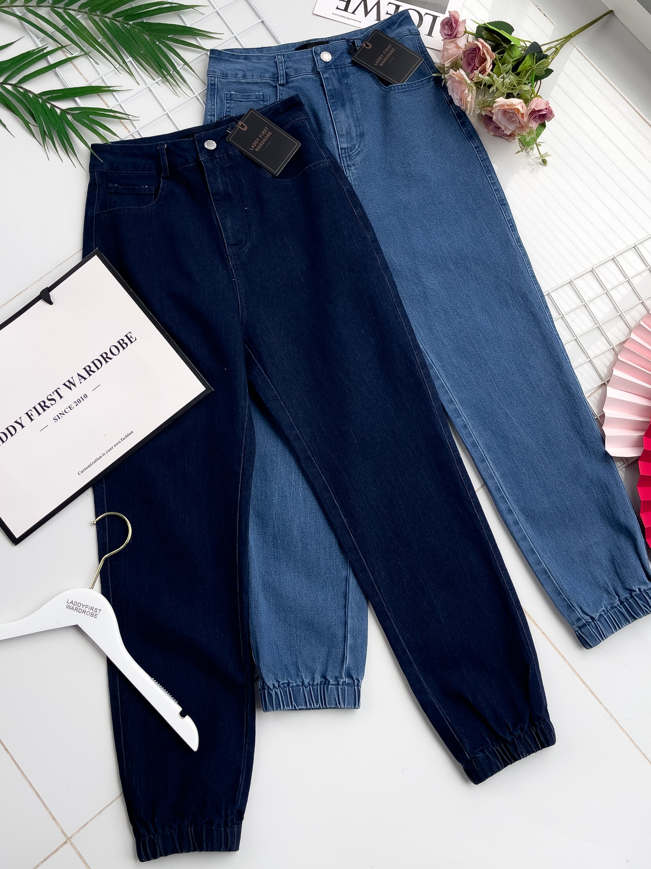 【L98655】独家爆款高品质COTTON JEANS牛仔弹力收口束脚高腰休闲百搭长裤，有口袋 ❤️❤️ #牛仔弹力面料【A-R3-C1】