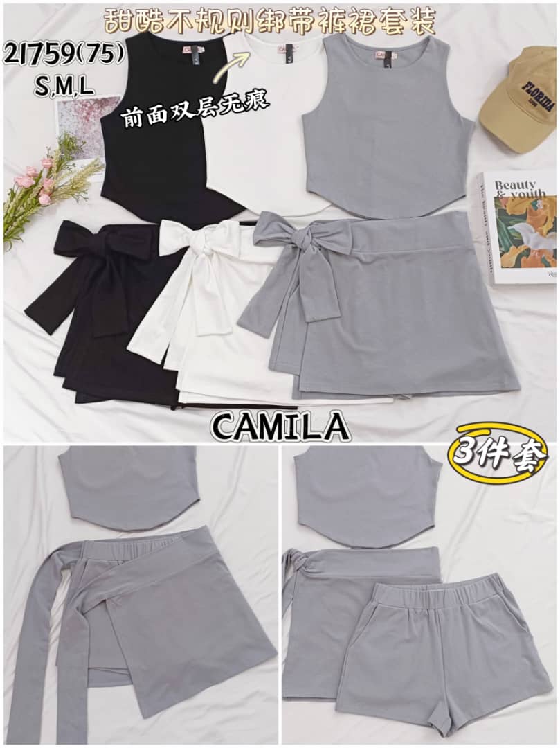 【SS21759 / 3443】高品质三件套套装 前面双层无痕弹力无袖上衣➕松紧腰弹力纯棉短裤➕自搭绑带外层裙子 ❤️❤️