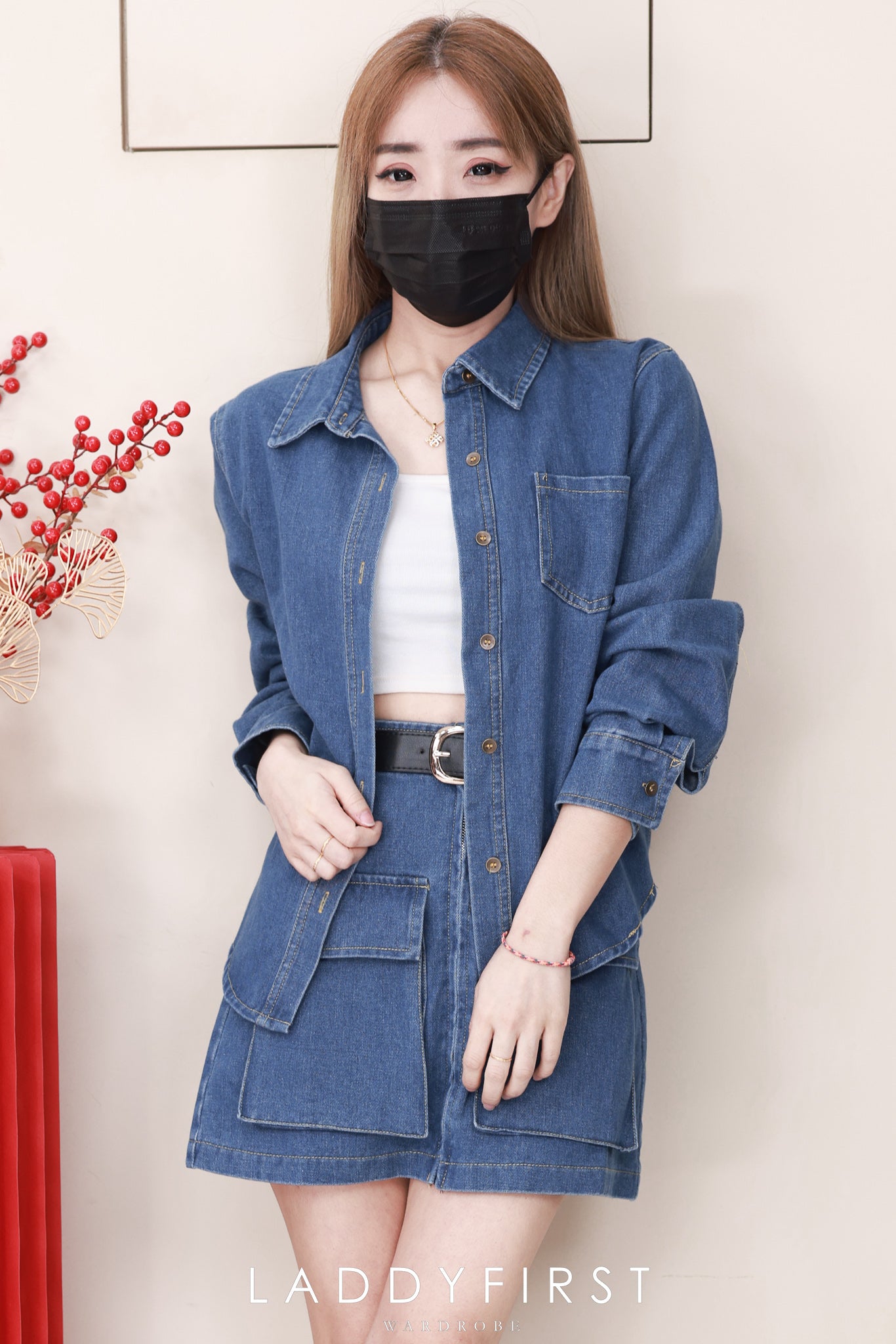 【D7702】高品质美式复古风翻领长袖牛仔连身裙子，附送腰带，有口袋 ❤❤【B-R1-C6】