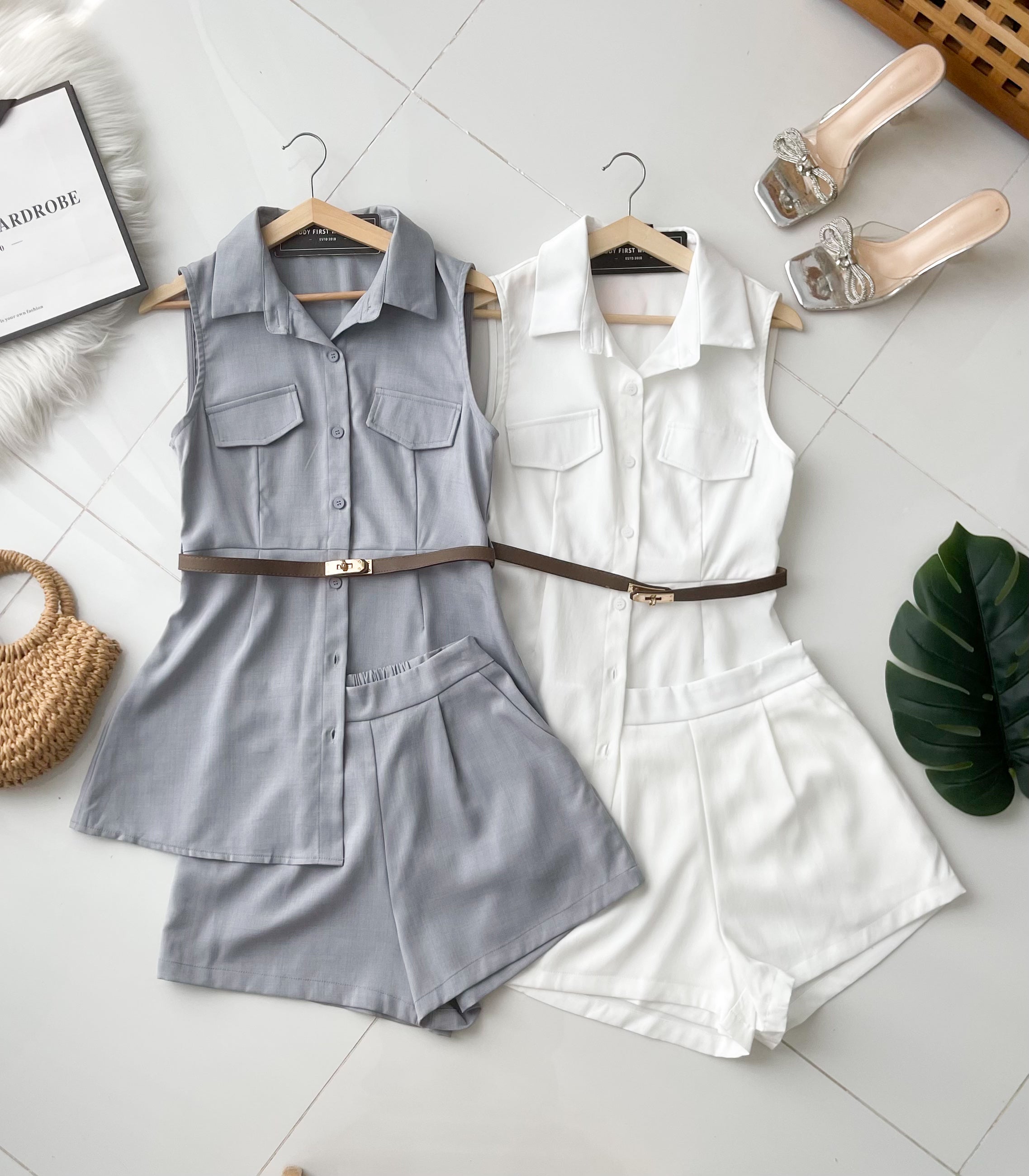 【SS21826 / 19849】高品质两件式韩系气质极简时尚套装 翻领衬衫裙上衣 ➕高腰百搭短裤，有口袋 ❤️❤️