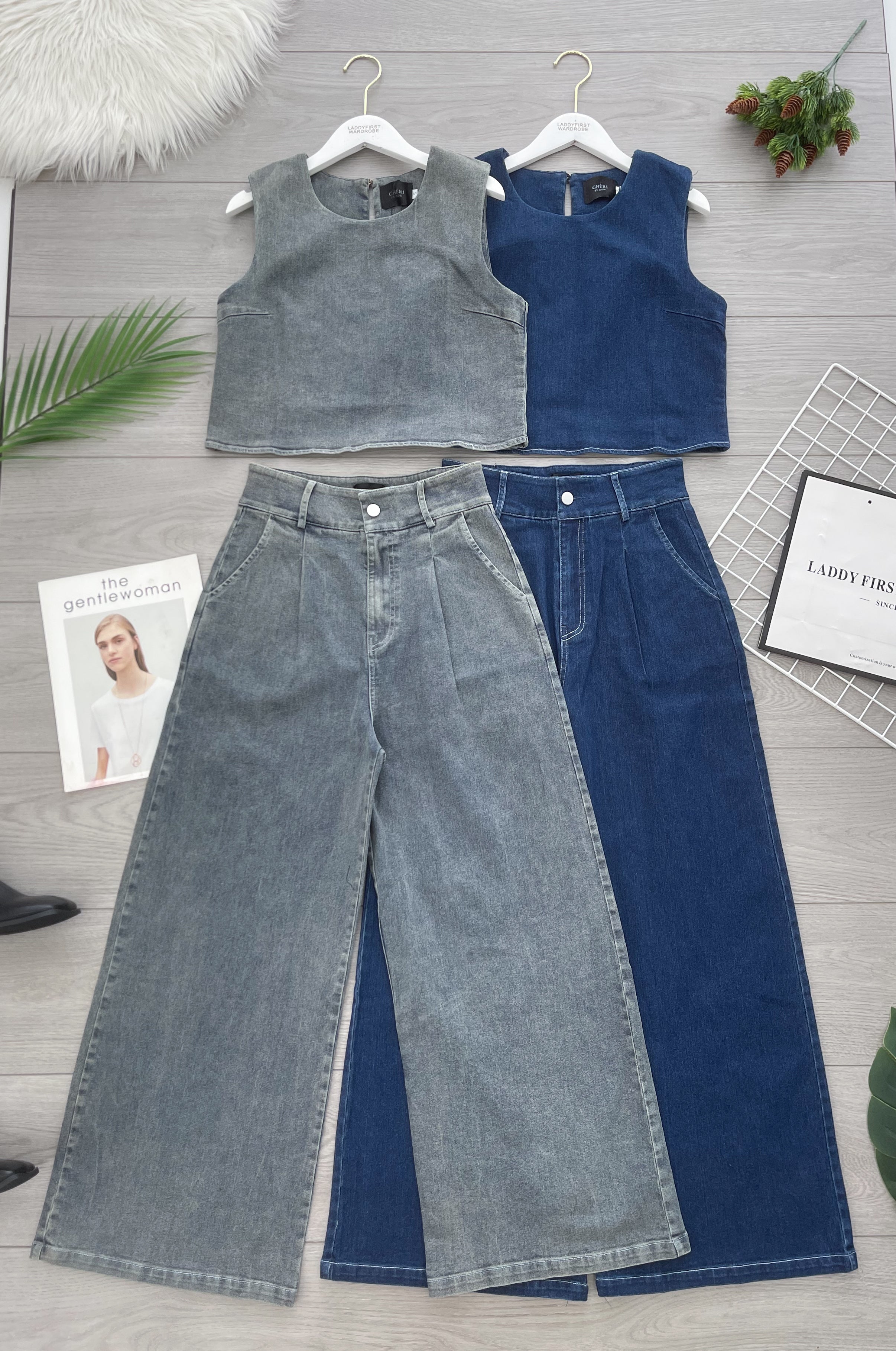 【SS2631】高品质两件式御姐风气质简约牛仔套装 宽松牛仔无袖上衣➕阔脚牛仔高腰百搭短裤，有口袋 ❤️❤️