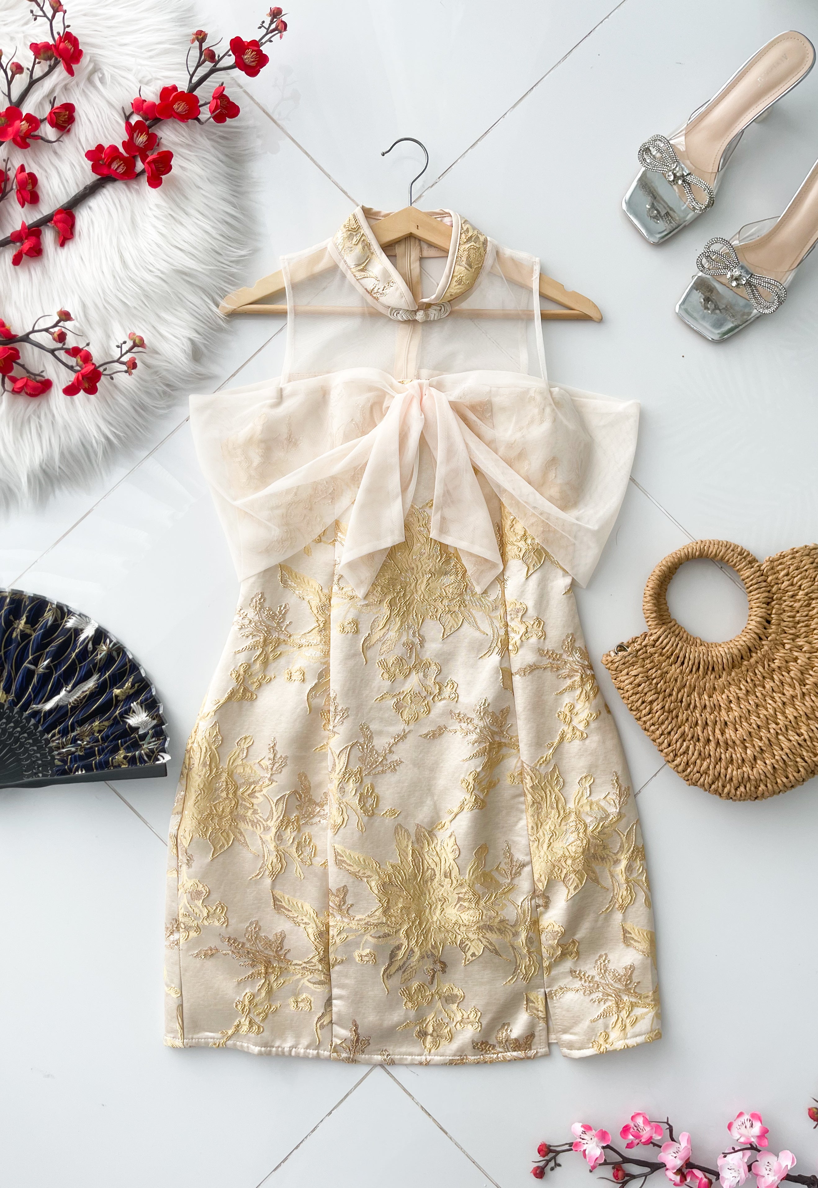 【D81657 / 91318】高品质高端气质拼接网纱蝴蝶结提花旗袍连身裙子 ❤️❤️【A-R2-C6】