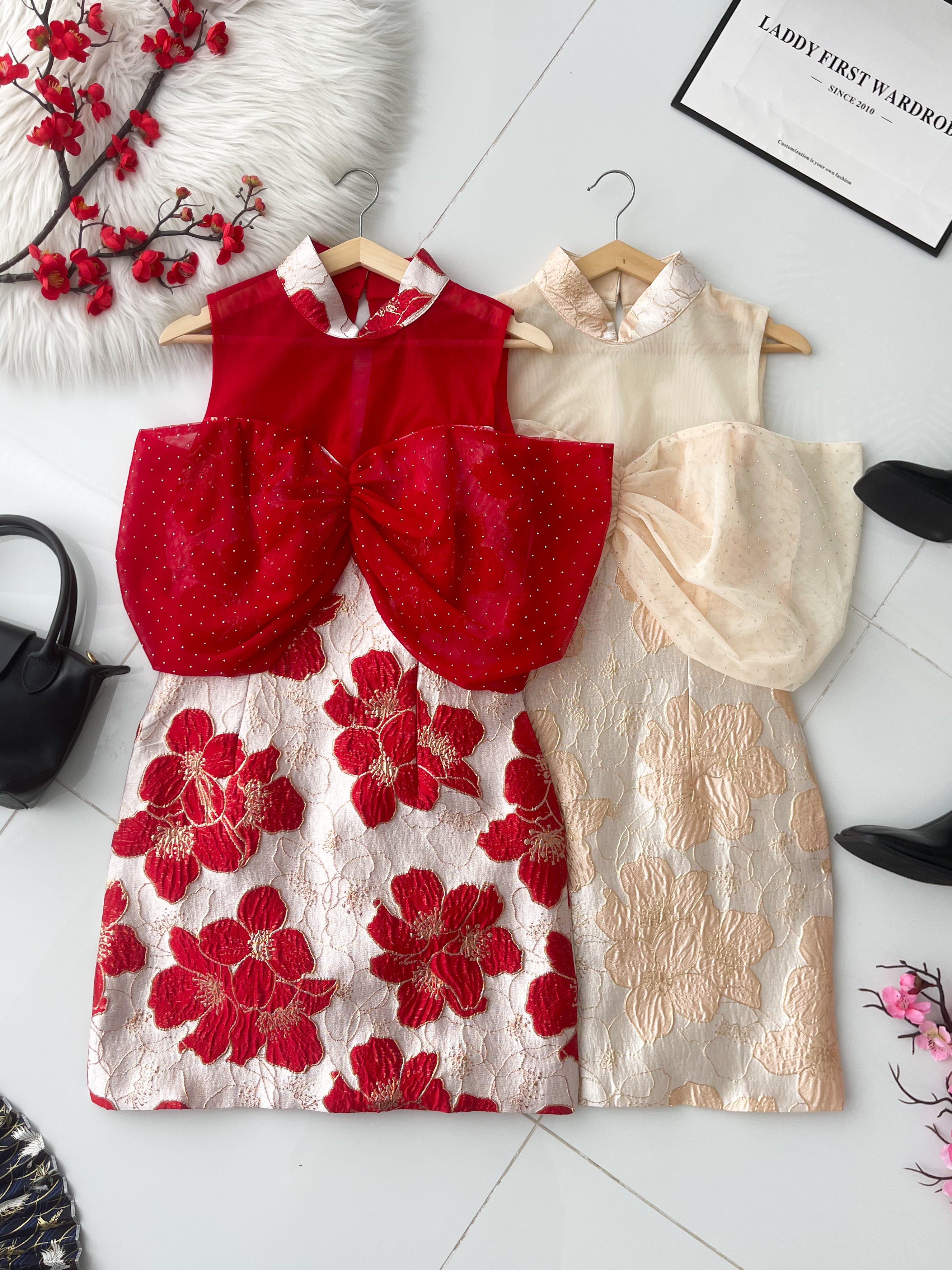 【D8238901】⚡️精选预定款⚡️高品质高端气质拼接网纱蝴蝶结提花旗袍连身裙子 ❤️❤️