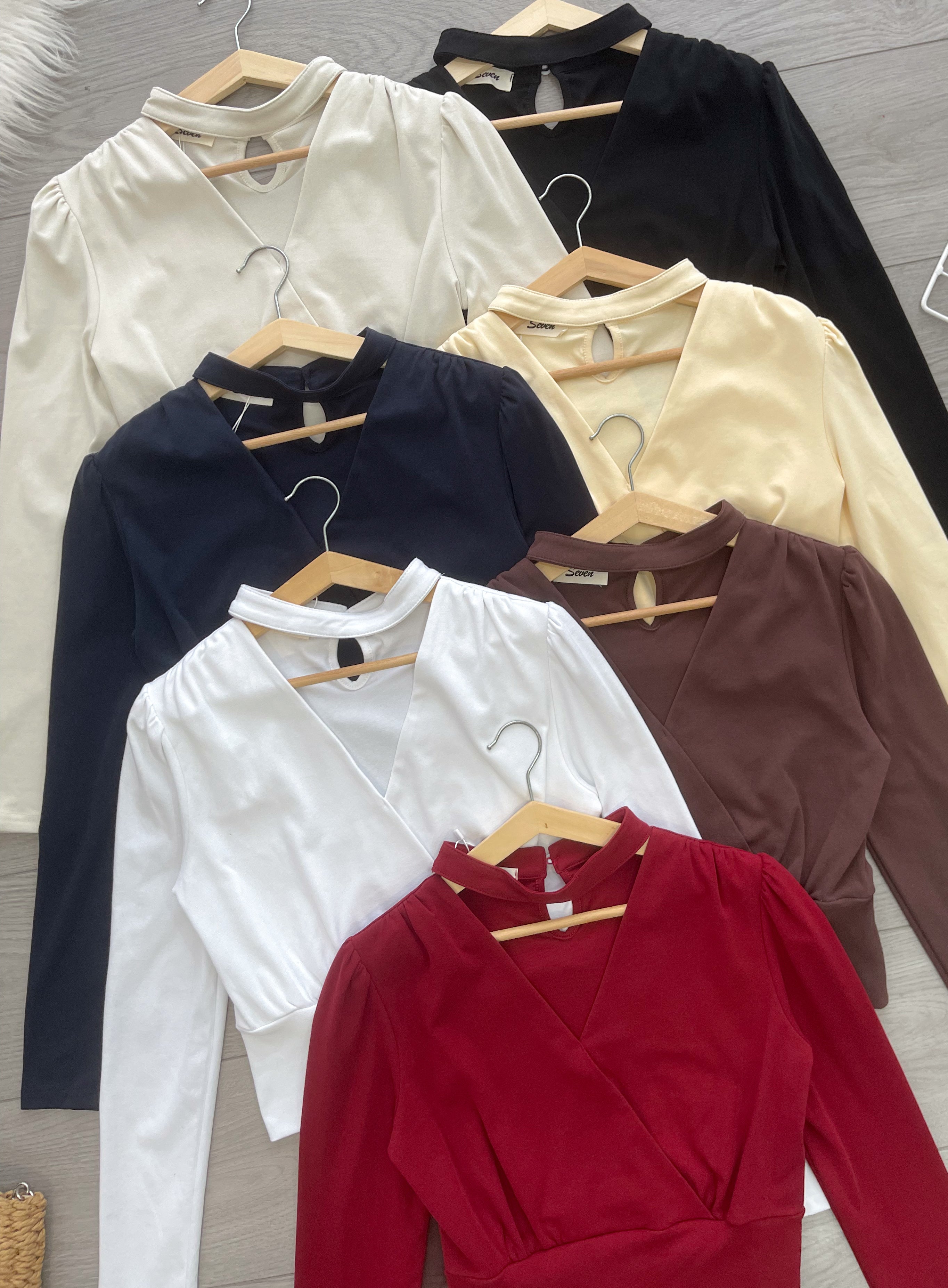【T82767】高品质纯棉弹力V领挂脖长袖百搭上衣 ❤❤