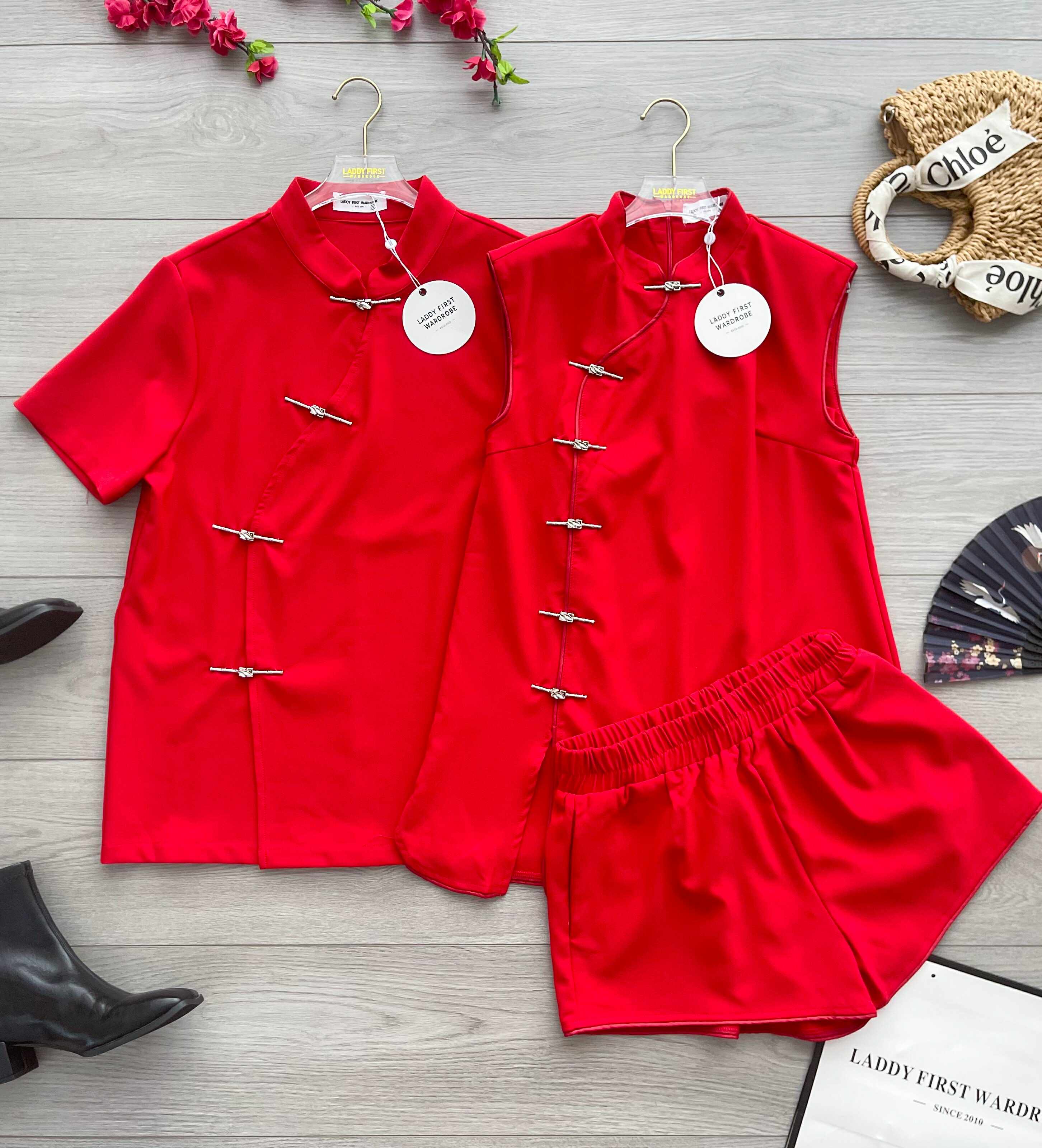 【SS3481】【LFW独家小圆饼】高品质两件式减龄洋气时尚新中式国风西装旗袍套装 排盘扣无袖旗袍连衣裙➕松紧腰弹力高腰百搭短裤，有口袋 ❤️❤️