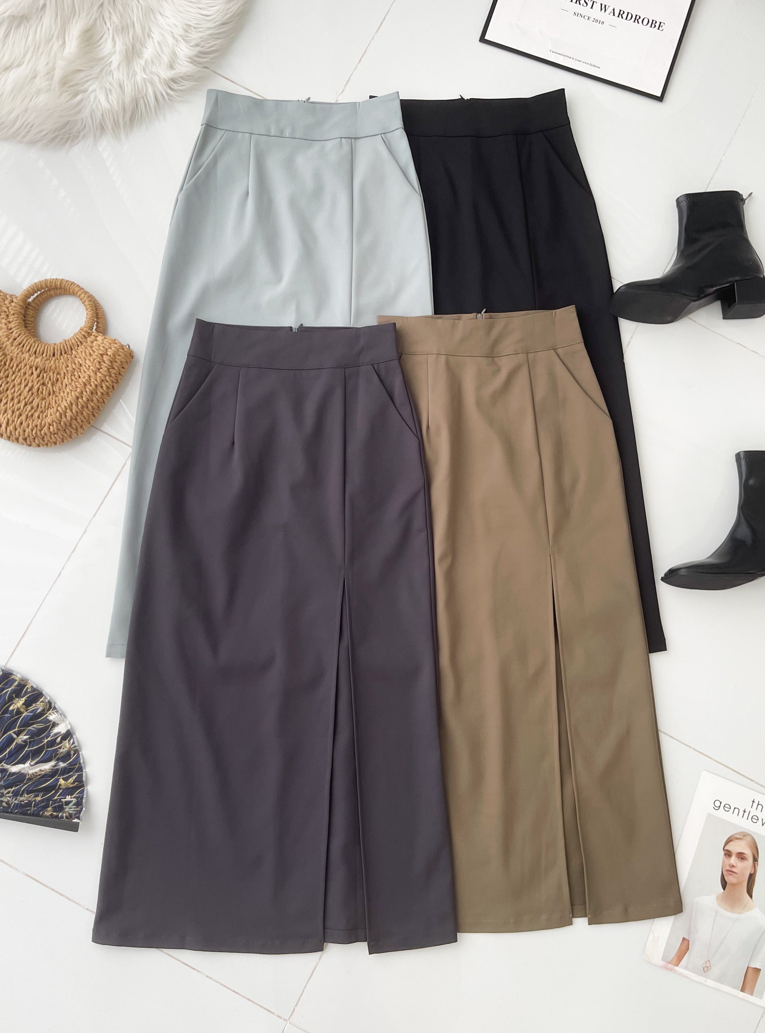 【L82962】高品质韩式修身显腰开叉设计锦棉OL高腰百搭长裙，有口袋 ❤️❤️