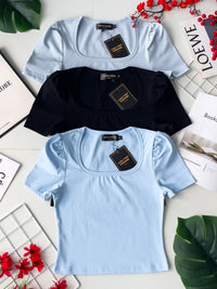 【T3329】独家爆款方领短袖纯棉弹力简约休闲百搭上衣 ❤️❤️ 【A-R3-C2】