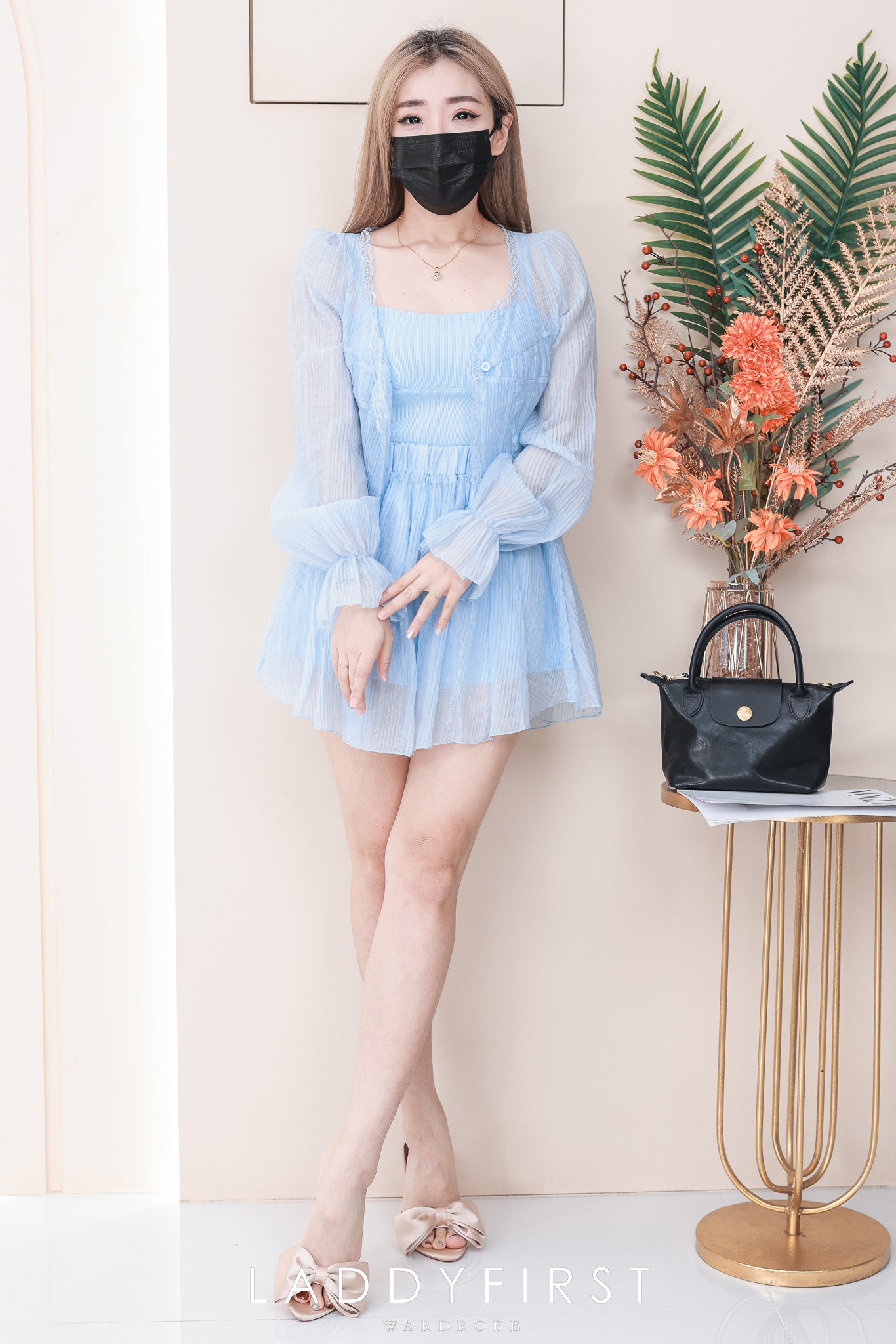 【SS52855】高品质三件式韩式温柔风时尚套装 自调无袖肩带内搭上衣➕透视雪纺外套➕松紧腰弹力减龄百搭裙子，内层有里布短裤 ❤️❤️