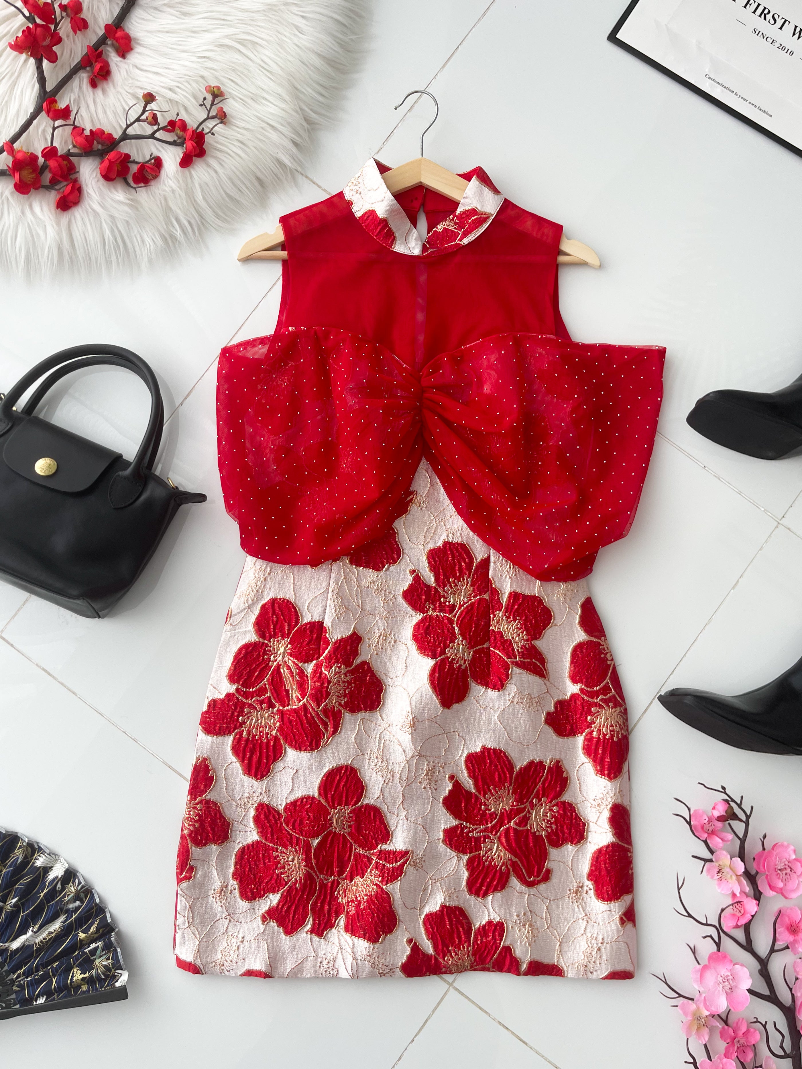 【D8238901】⚡️精选预定款⚡️高品质高端气质拼接网纱蝴蝶结提花旗袍连身裙子 ❤️❤️