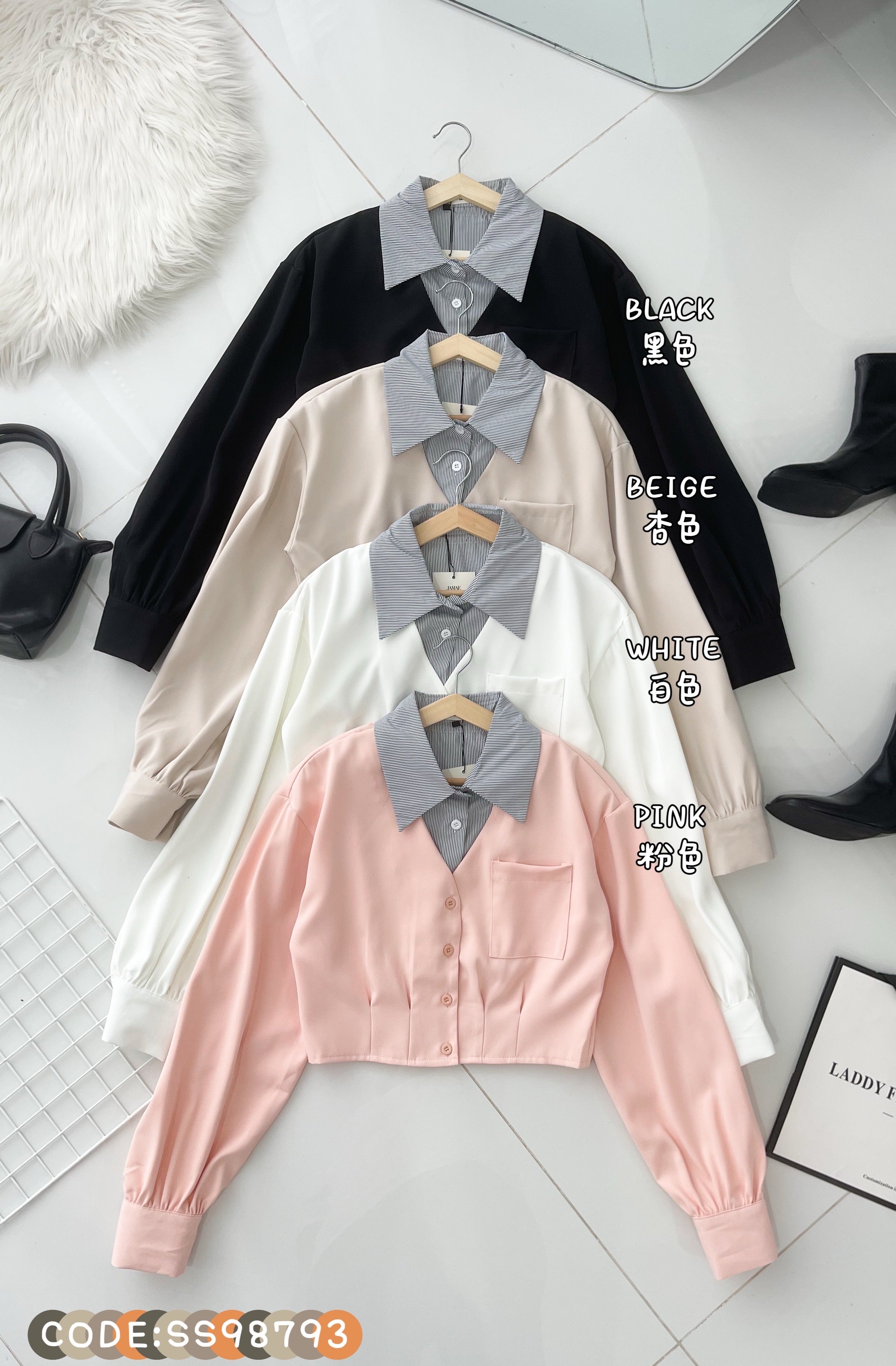 【T98793】高品质假两件线条翻领拼接西装长袖上衣 ❤❤
