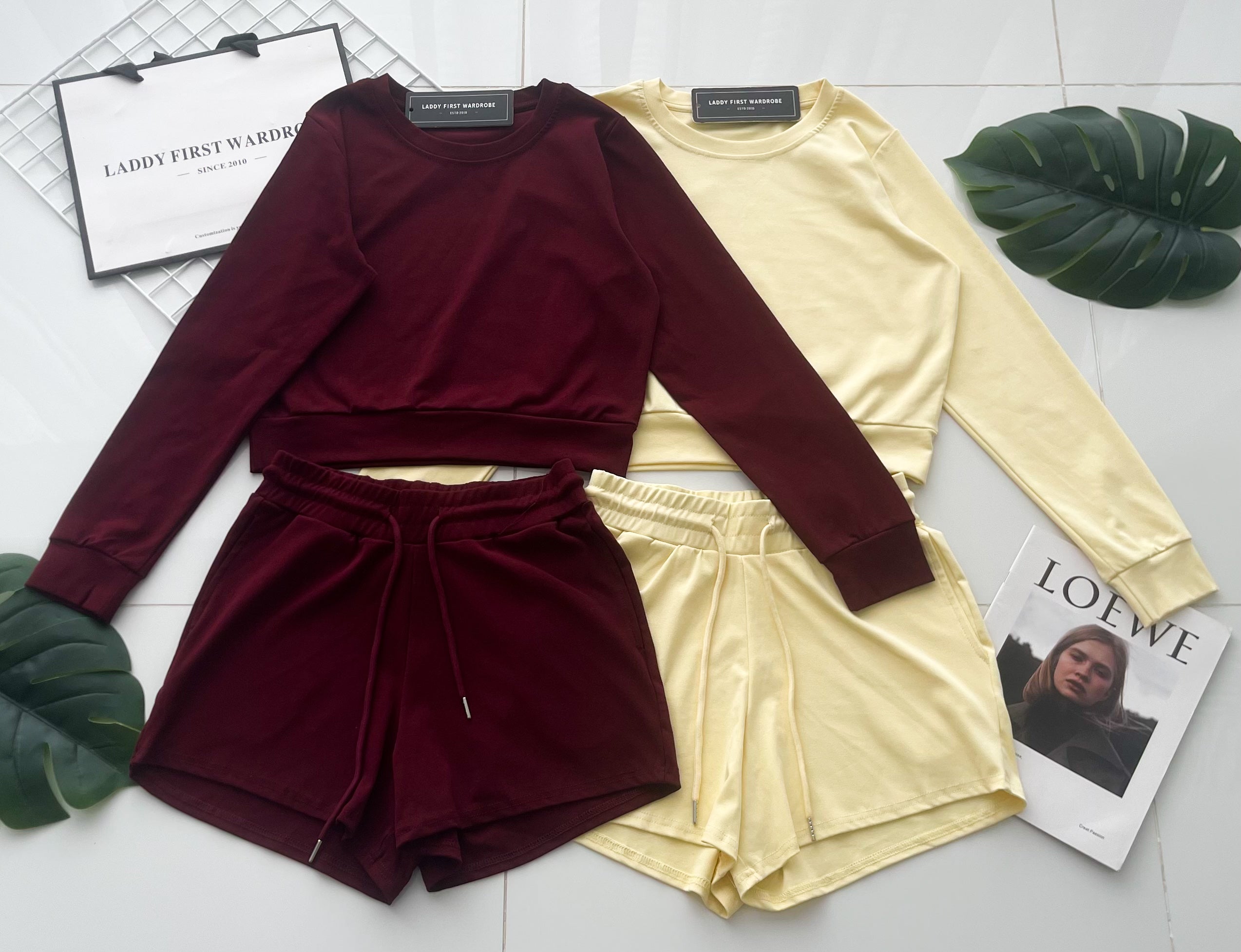 【SS823740】高品质两件式纯棉简约休闲百搭套装 宽松版休闲百搭长袖上衣➕松紧腰弹力休闲短裤，有口袋 ❤️❤️【B-R1-C4】