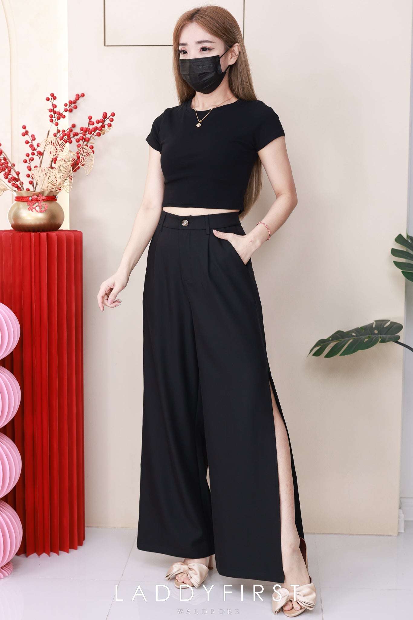 【L6218 / 16996】高品质复古西装两侧开叉设计阔脚高腰百搭长裤，有口袋 ❤️❤️