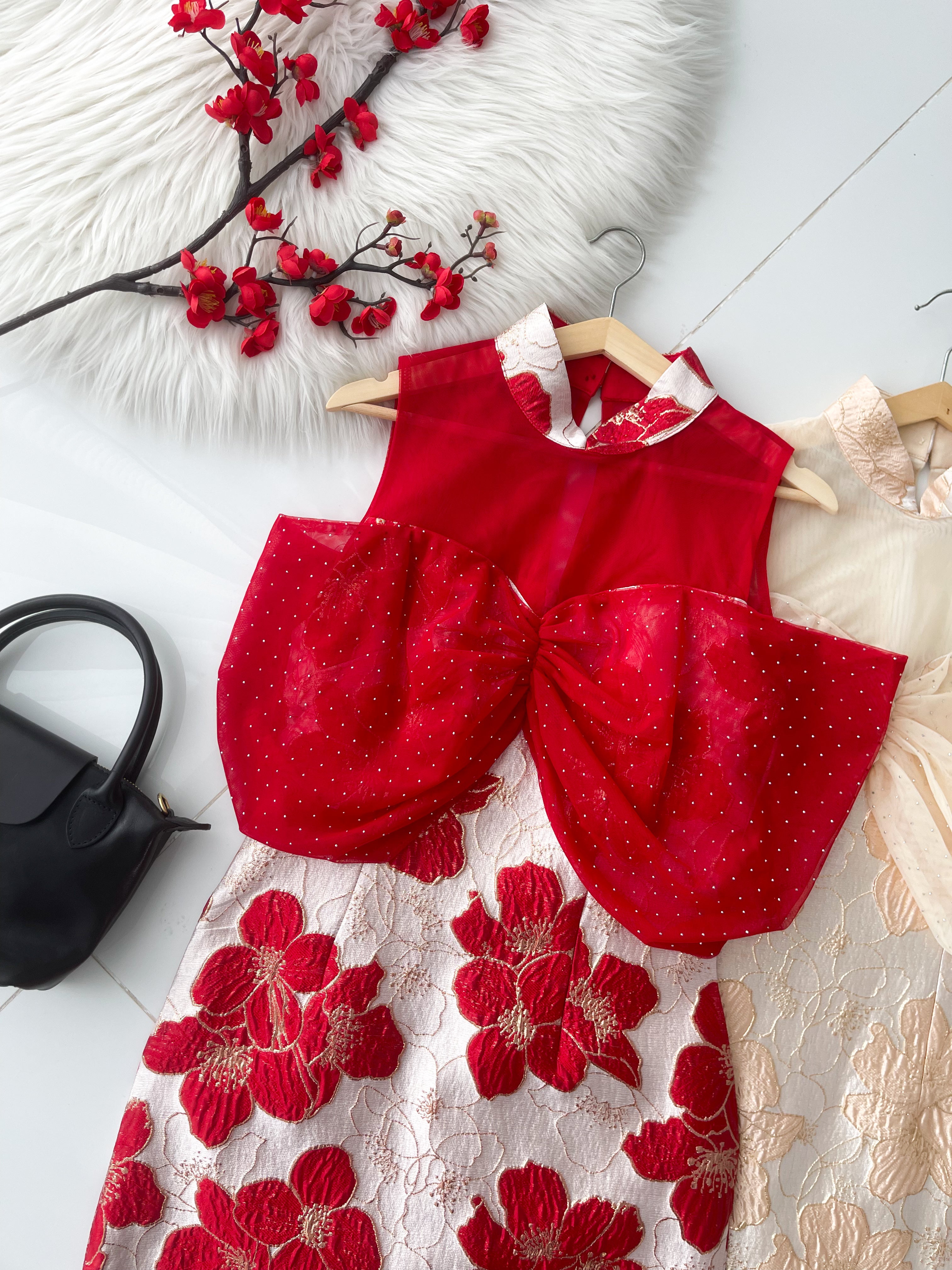 【D8238901】⚡️精选预定款⚡️高品质高端气质拼接网纱蝴蝶结提花旗袍连身裙子 ❤️❤️