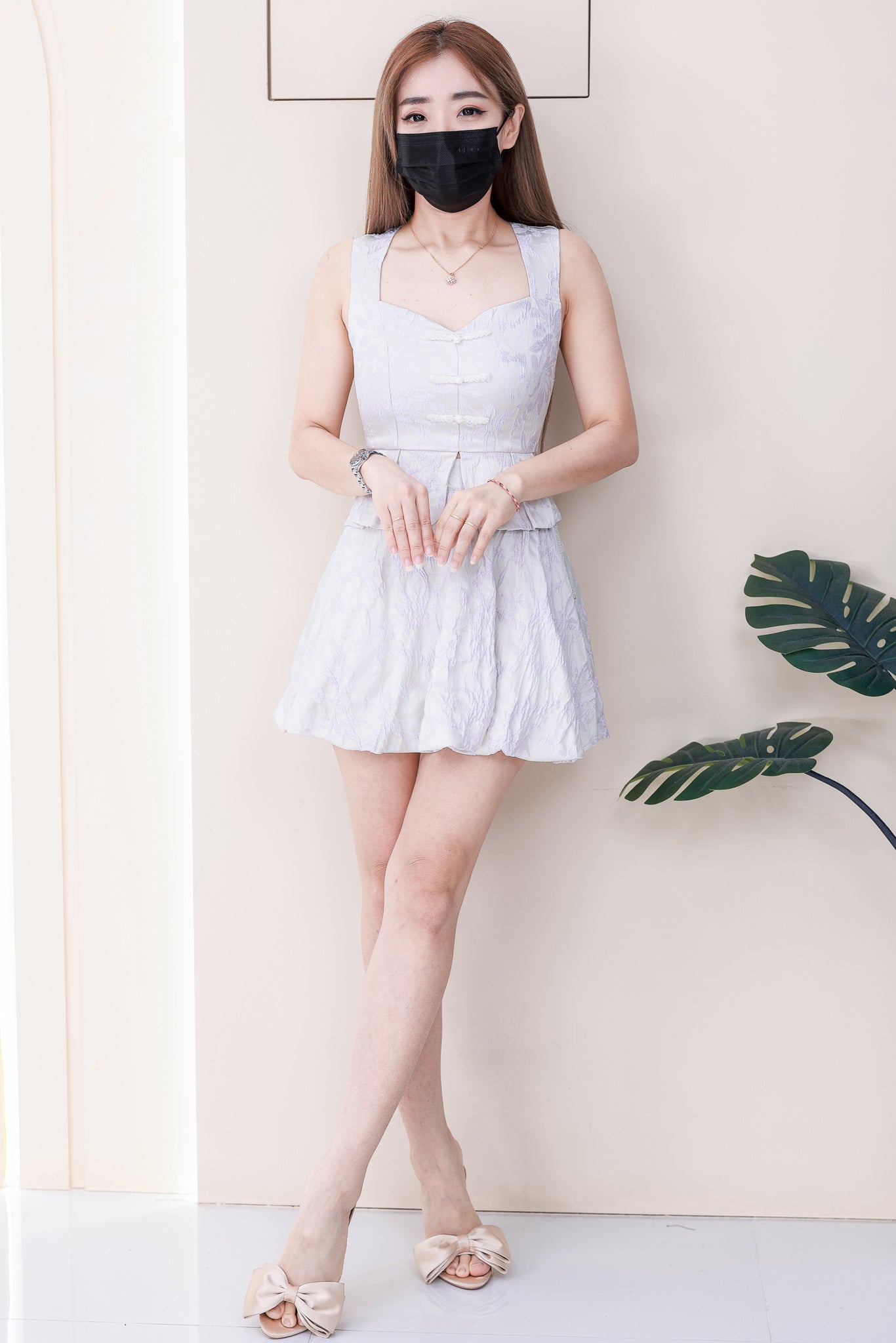 【SS2598】高品质两件式新中式仙气缎面拼接提花旗袍套装 无袖提花旗袍上衣➕提花高腰泡泡裙子，内层有里布短裤 ❤️❤️